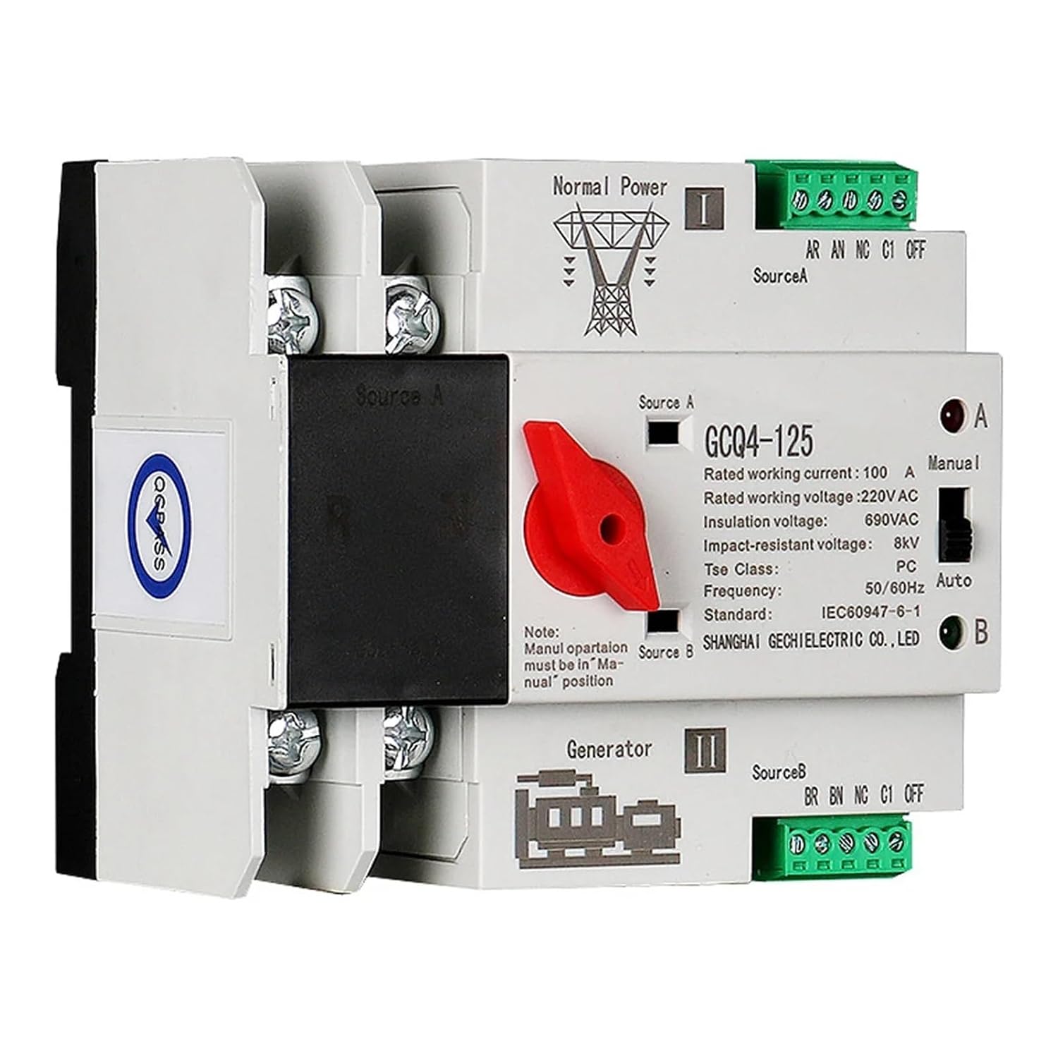 Single Phase Din Rail ATS 220V PC Dual Power Transfer Switch 2P 100A