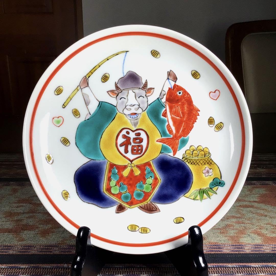 どこでもうー特価』 川田稔 『牛』 干支 大皿 古九谷5色