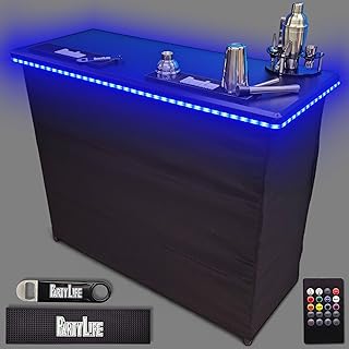 PartyLife Premium Portable Bar Table w/LED Lights, Wireless Remote, Folding Legs, Black Fabric Bar Skirt, 2 Storage Shelves & 2 Carrying Bags | Commercial Grade | Strong & Sturdy - Black