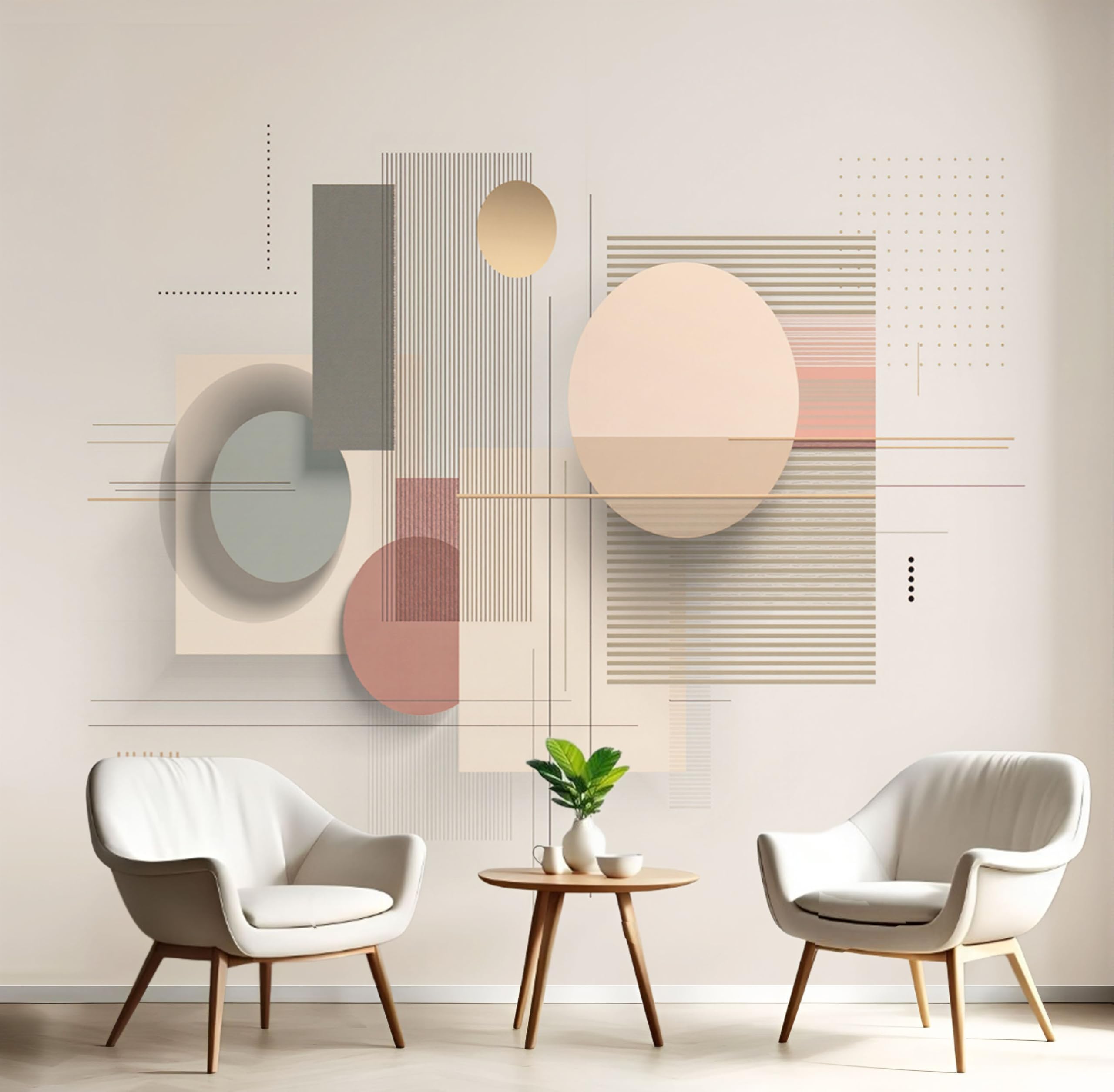 Papier peint géométrique simple pour agrandir un salon avec effet panoramique 3D