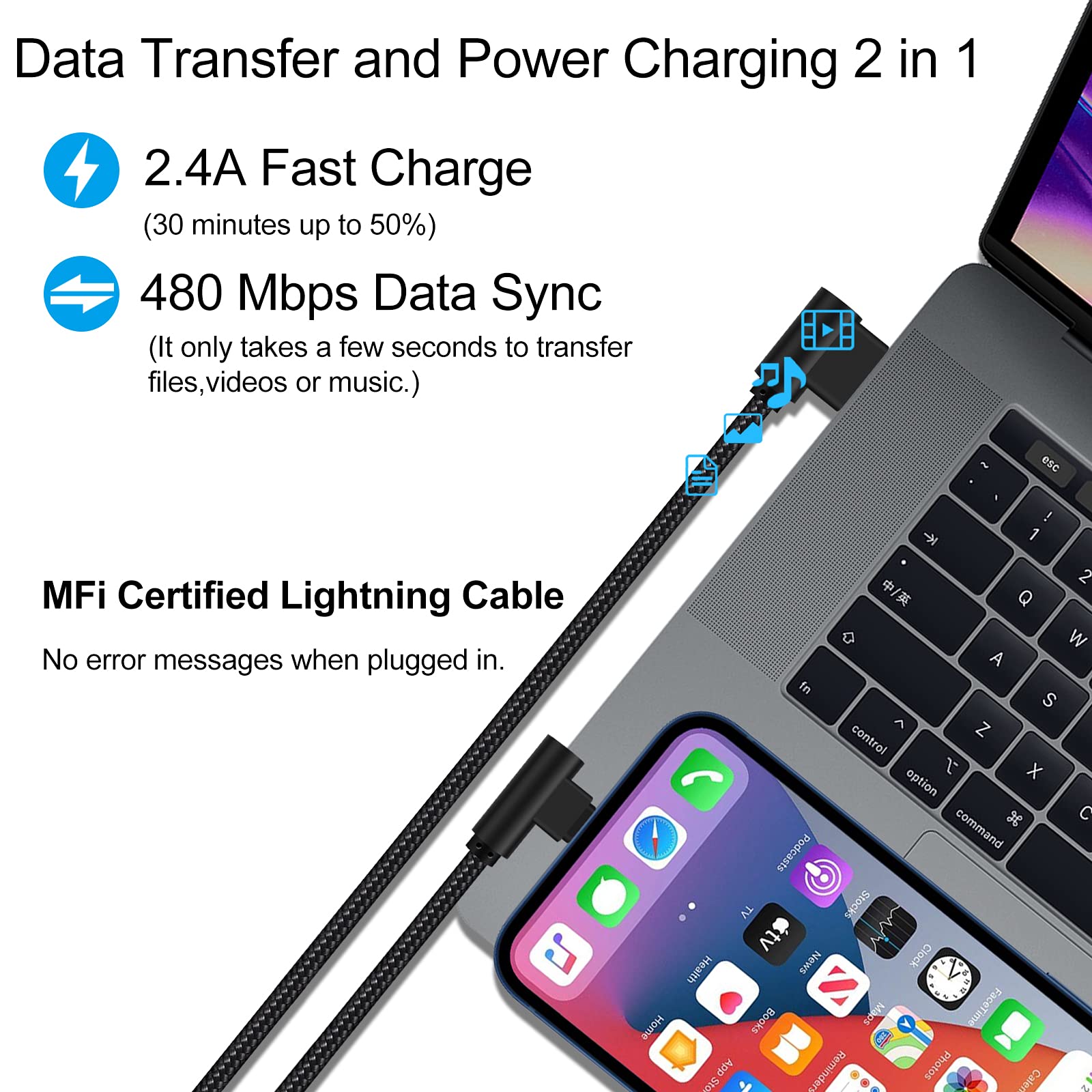 Cargador para iPhone de 3 pies con certificación MFi, paquete de 3 cables Lightning trenzados de nailon de 90 grados, cable de carga en ángulo recto para iPhone 14 13 12 11 Pro X XS XR 8 Plus 7 4