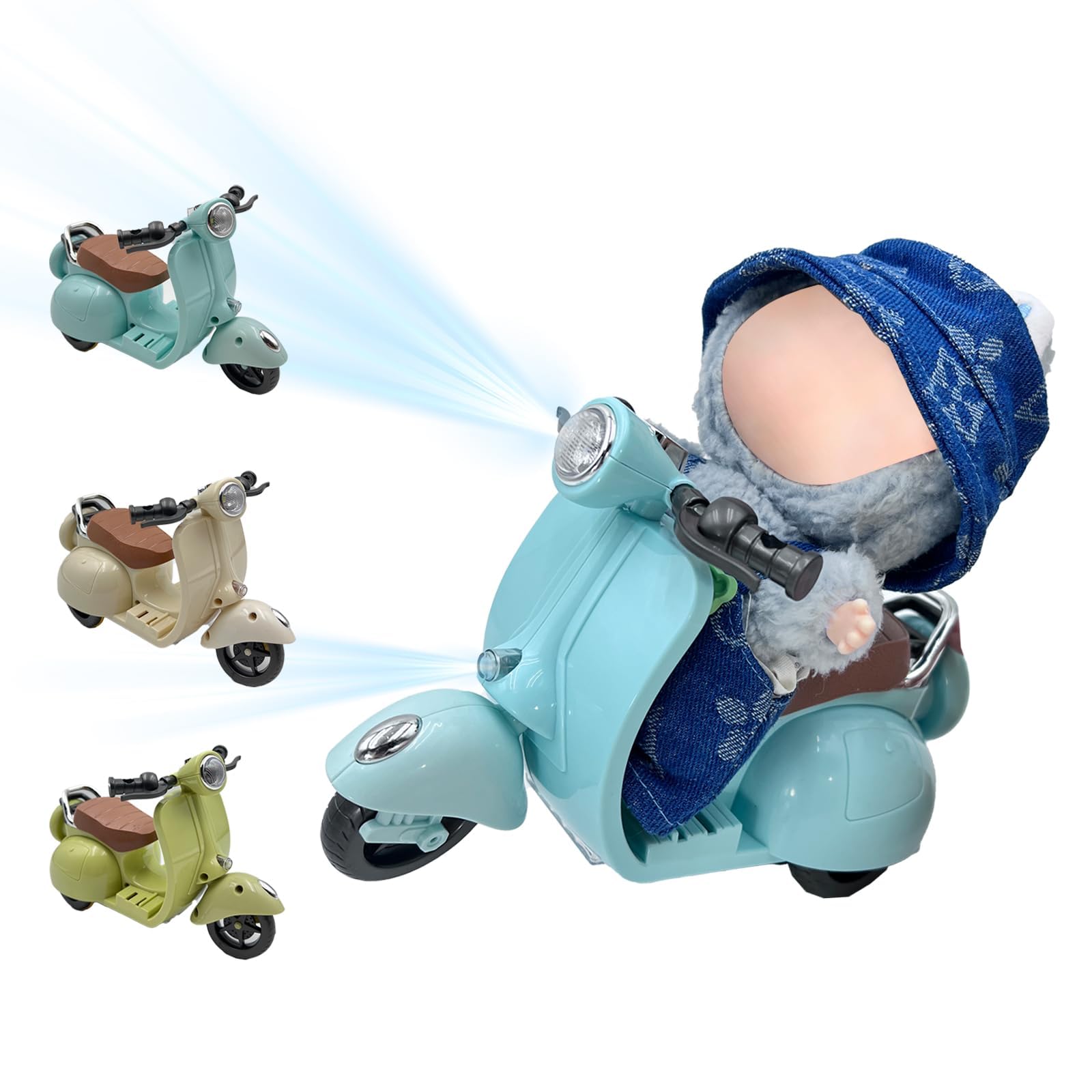 KASTWAVE Electric Doll Scooter for Labubu, 360° Rotatable Plastic Scooter Toy with Light & Music, Decor Desktop Ornaments for Dolls Collectors (Blue)