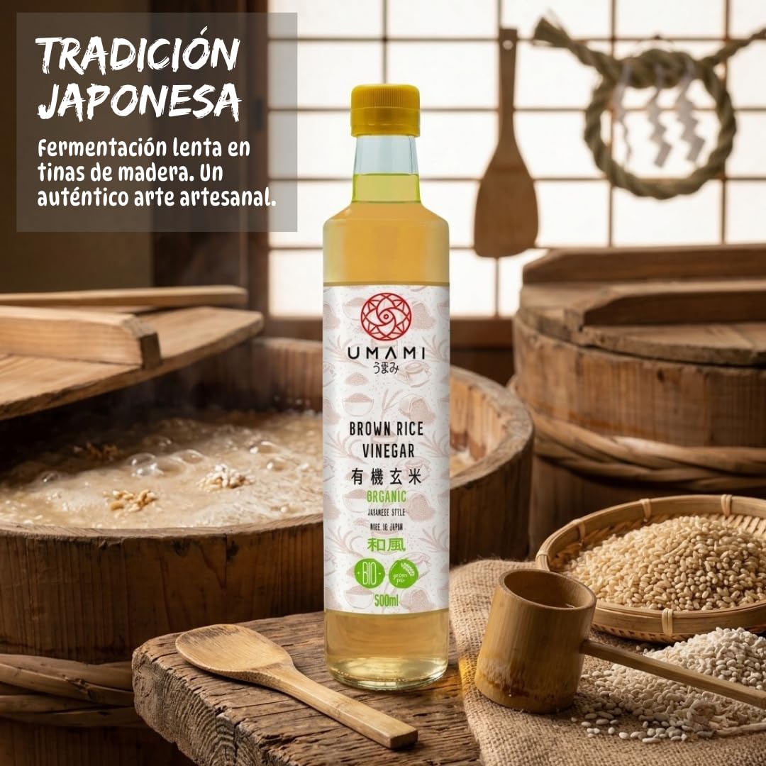 Umami Vinagre de Arroz Integral BIO 500ml - Fabricado en Japón - Fermentación Natural - Ideal para Sushi, Macrobiótica y Aliños - Metodo Premium