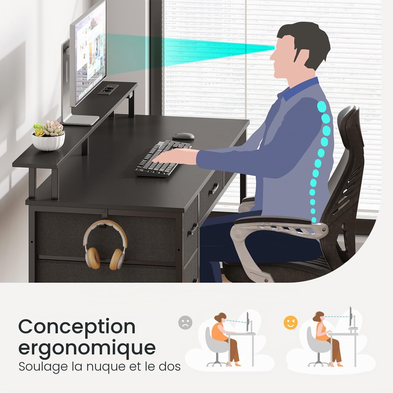 Rolanstar Bureau avec 5 tiroirs, table pour ordinateur avec prises de courant, bureau de gaming avec éclairage LED, support pour moniteur, pour bureau à domicile, chambre, salon, bureau (Noir, 120)