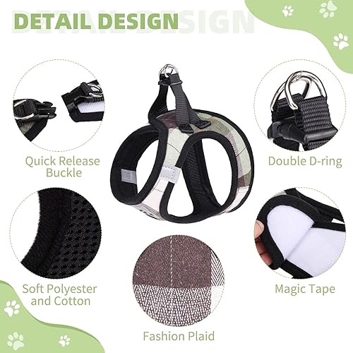 Miniatura 2 de KOOLTAIL Juego de arnés y correa para perro pequeño, arnés de malla suave acolchado ajustable a cuadros reflectantes, verde, S