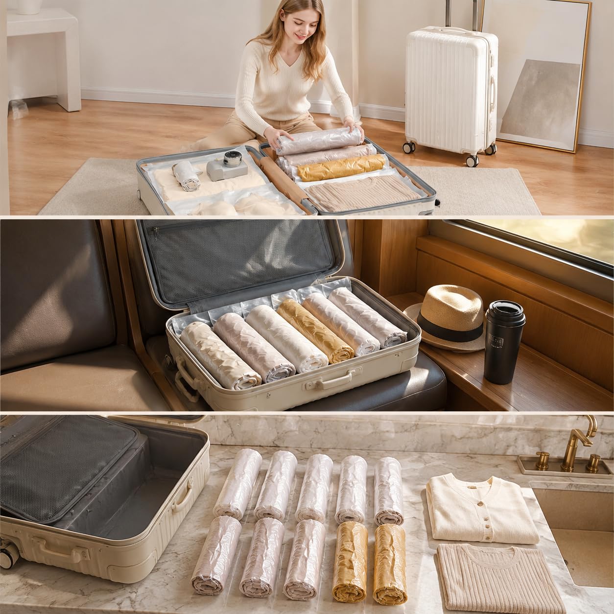 Vakuumbeutel zum Rollen, PA PE, Pressbare Beutel, Koffer Organisator, Im Hotelzimmer, Für Backpacker, 10er-Set: 10 kleine Handrollen (30x40cm)