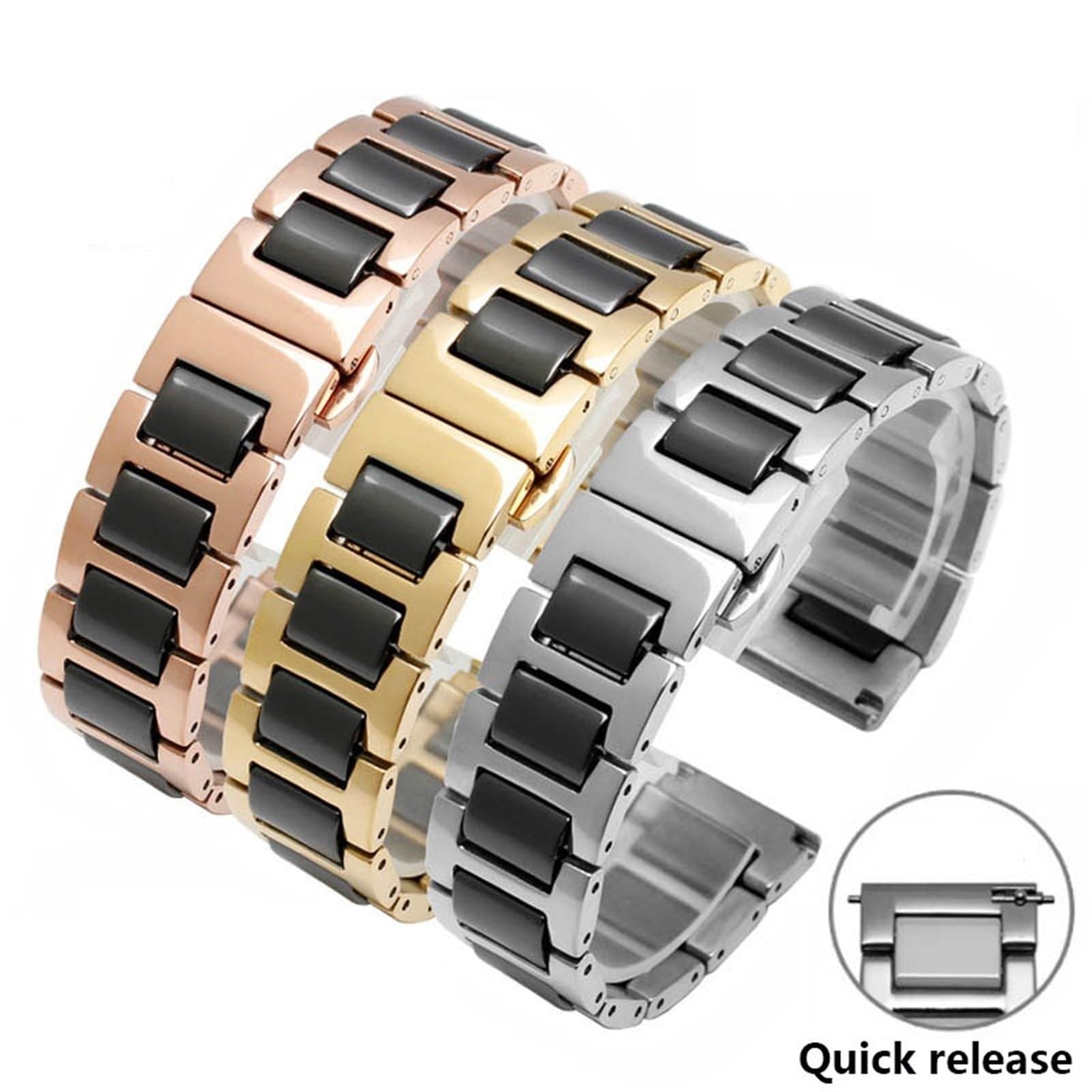 Correa de Reloj de cerámica para Hombre y Mujer, Correa de Reloj de Acero Inoxidable combinada (Plata Blanca, 19 mm)