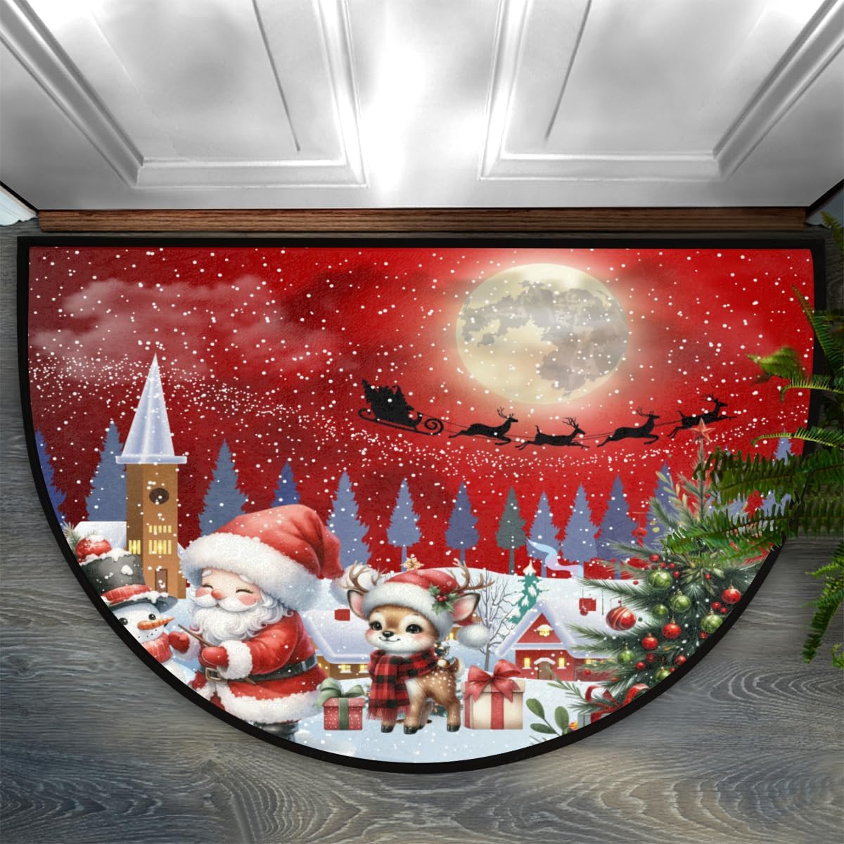Christmas Non-Slip Soft Half Round Door Mat, Merry Christmas Santa Deer Snowflakes Semicircle Mat for Indoor Entrance Garage Bath Living Room Patio 24 x 36 in