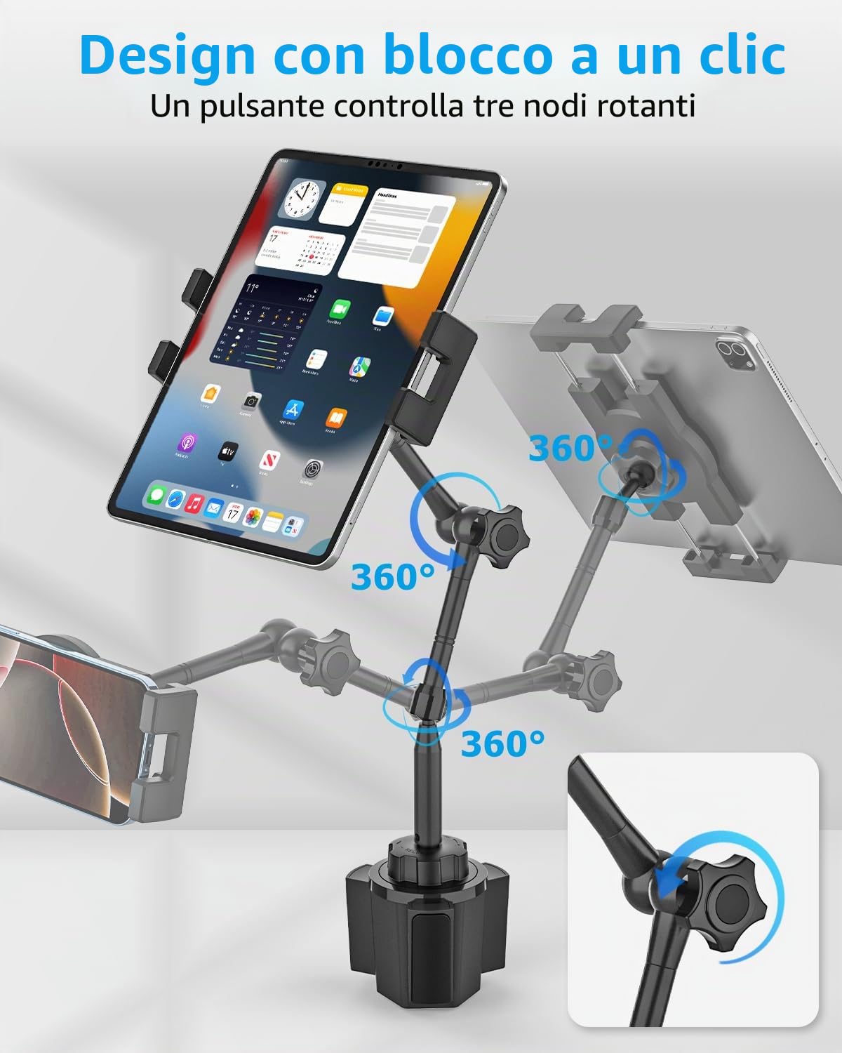 Ultra-flessibile Supporto Tablet Auto Portabicchieri - [Braccio Magico Regolabile in Alluminio] Supporto Coppa Tazza Camion Veicolo per Tablet, Cellulari, iPad, Galaxy Tab, Fire, iPhone, 4-13"