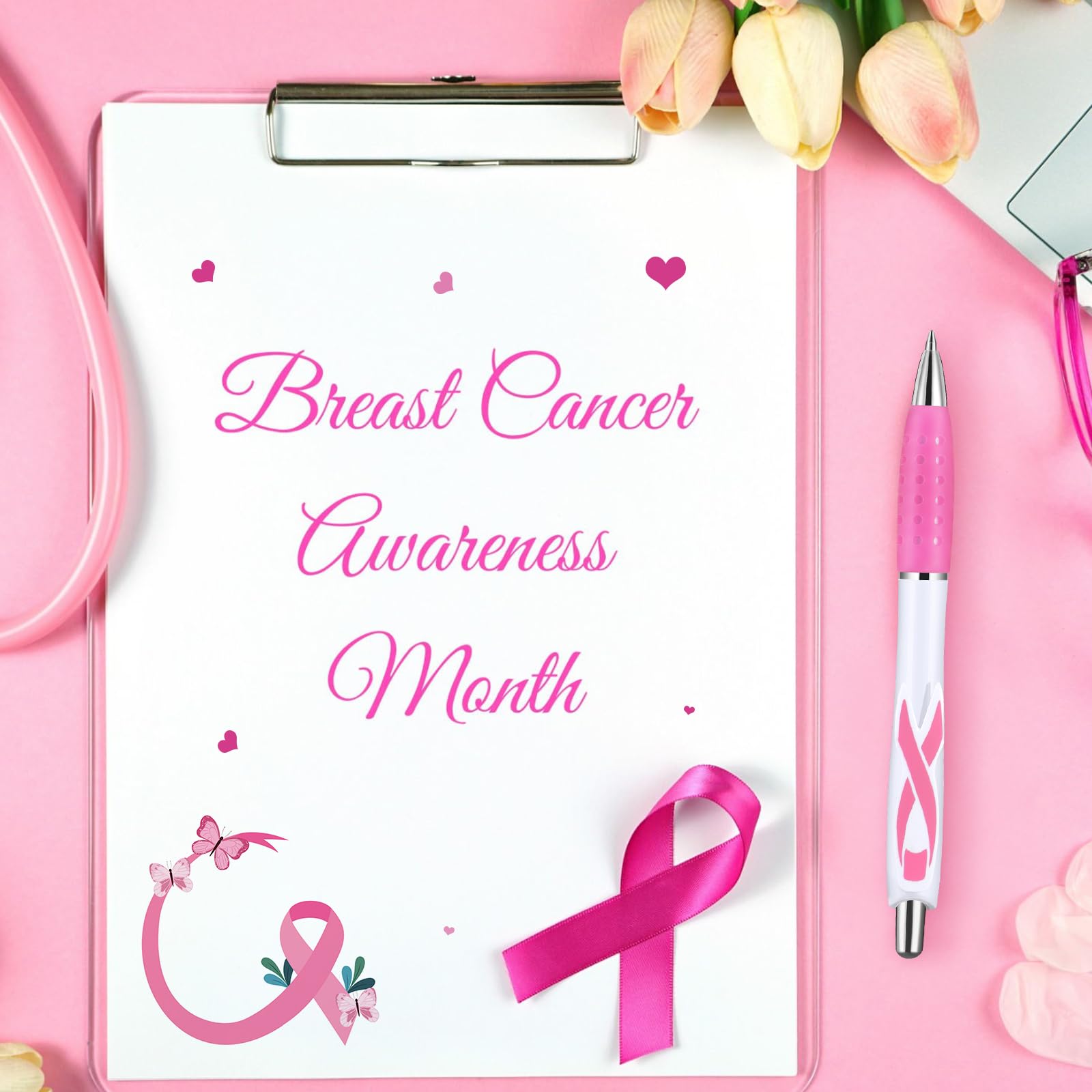 Ctosree 50 bolígrafos retráctiles de gel con cinta rosa, bolígrafo de cinta de concienciación sobre el cáncer de mama, bolígrafo de punta fina, tinta negra, bolígrafos de plástico a granel de gel rosa