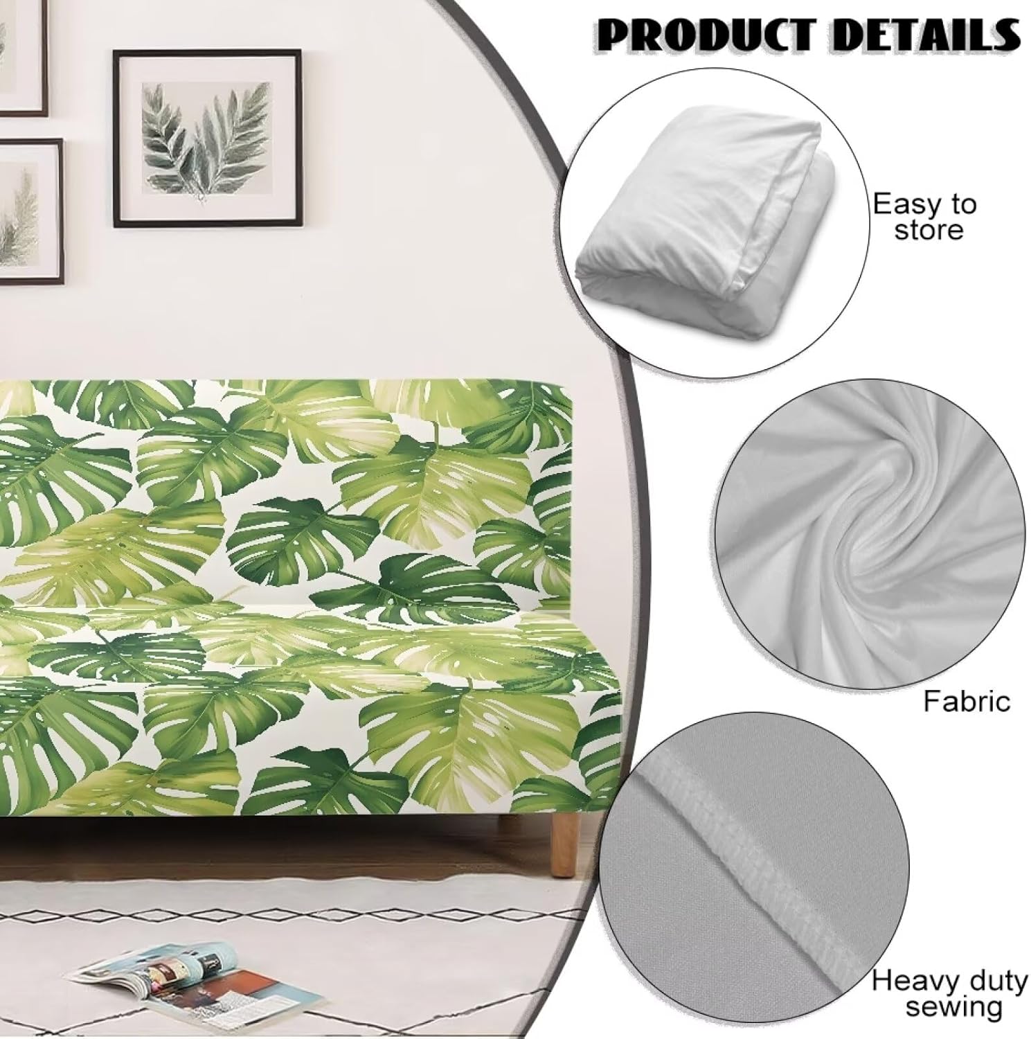 Tropical Leaf Washable Sofa Cover Without Armrests, Comfy Soft Armless Futon Cover, High Stretch Sofa Bed Slipcover Protector, Easy to Clean