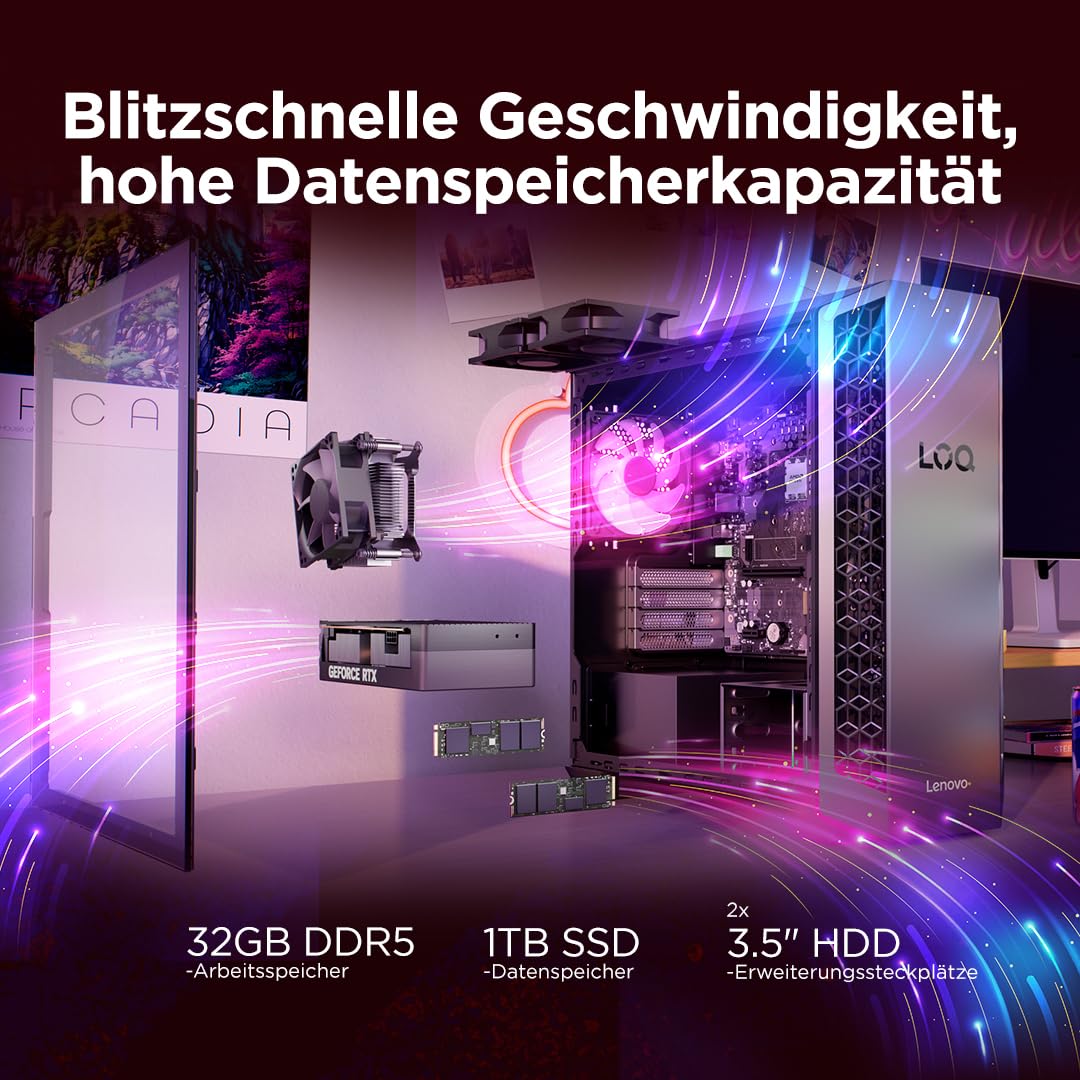 Lenovo LOQ Tower Gaming Desktop-PC | AMD Ryzen 7 8745HX | 16RAM | 1TB | NVIDIA GeForce RTX 5060 | Windows 11 | 26L | Luna Grau-Eclipse Black | 3 Monate GamePass | 3 Monate Premium Care