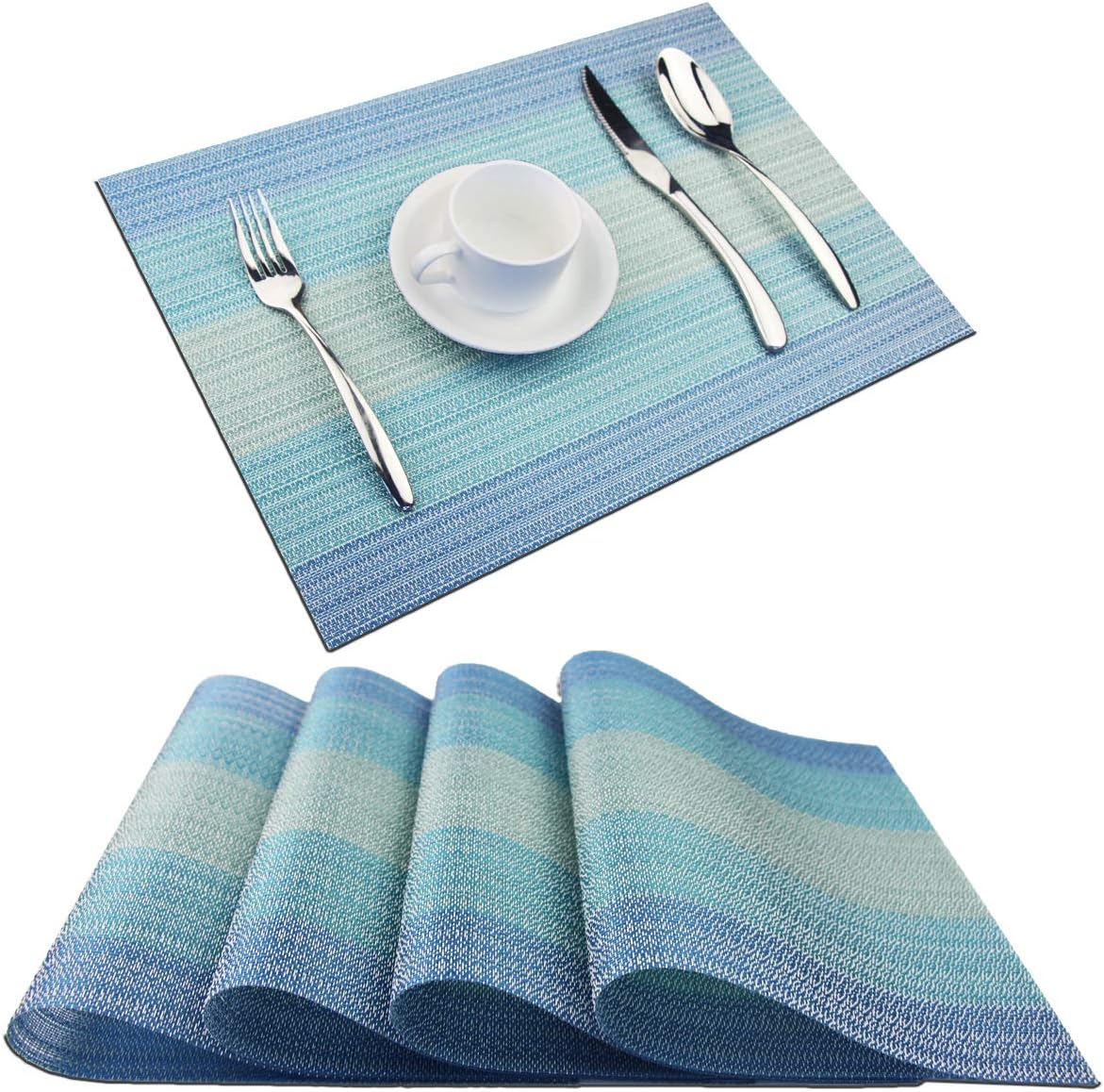 PIGCHCYPlacemat,Washable Woven Non-Slip Insulation Durable Placemat Vinyl Table Mat Set of 4 (4pcs Placemats,Coastal Blue)