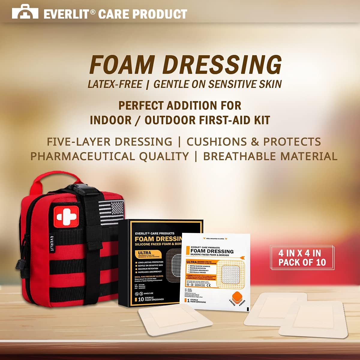 EVERLIT Care Silicone Foam Dressing with Adhesive Border | Highly Absorbent Hypoallergenic Bandages for Chronic Wounds, Bed Sores, Pressure Ulcers | Gentle & Secure Adhesion (4" x 4" | 10 Pack) - Image 7