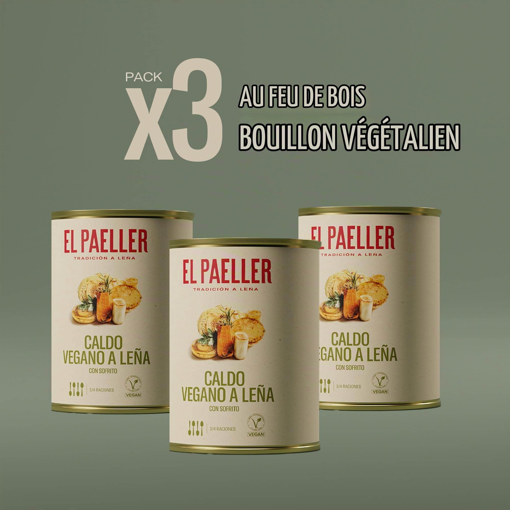 EL PAELLER - Bouillon de Légumes | 100% Végan | Cuit au Feu de Bois avec des Ingrédients 100% Naturels | Certifié Vegan Food | Idéal pour Paellas et Riz | Pack de 3 unités, 3 Litres | Sans Conservateu