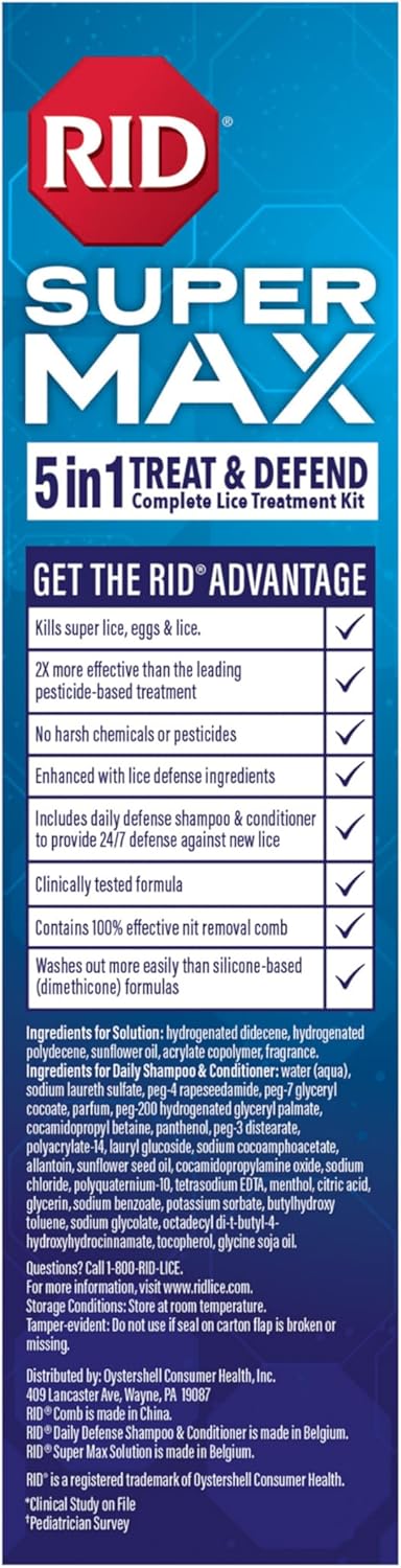 RID Super Max Lice Treatment Kit, Kills Lice & Super Lice & Eggs + 24/7 Lice Defense, Pesticide Free, 3.4 FL OZ Solution + 6.8 FL OZ Daily Defense Shampoo & Conditioner + Nit Removal Comb - Image 5