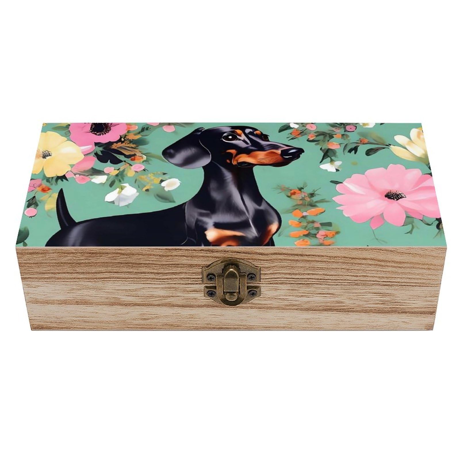 asbwuo Dachshund Florals Wooden Keepsake Box Storage Boxes with Hinged Lid