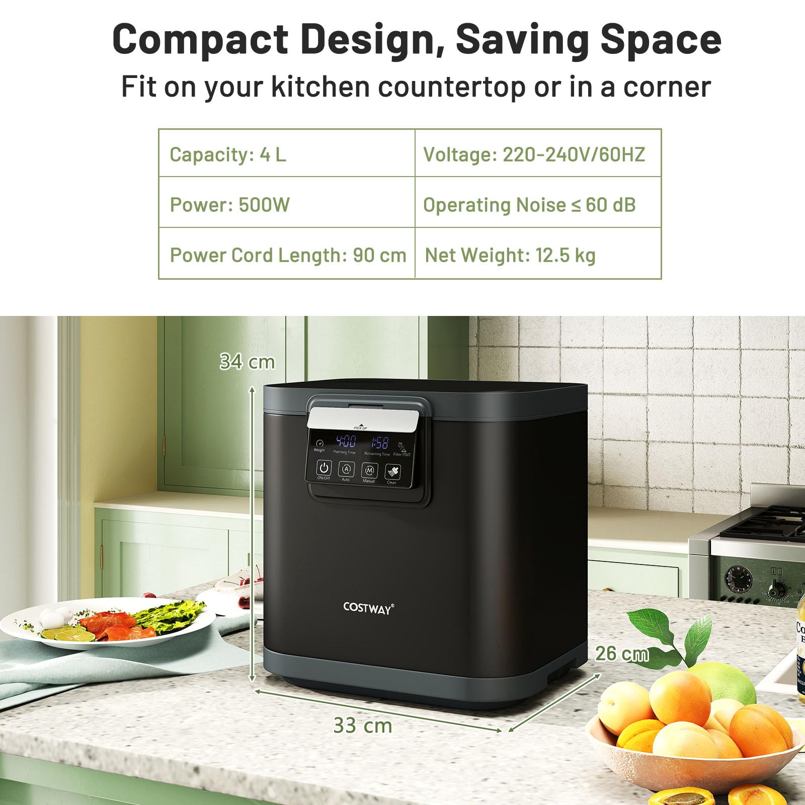 GiantexUK Elektrischer Komposter, 4 l, intelligenter automatischer Arbeitsplatten-Komposteimer mit Auto-Reinigungsmodus, Kohlefiltern und LED-Display, für drinnen und draußen, geruchlose