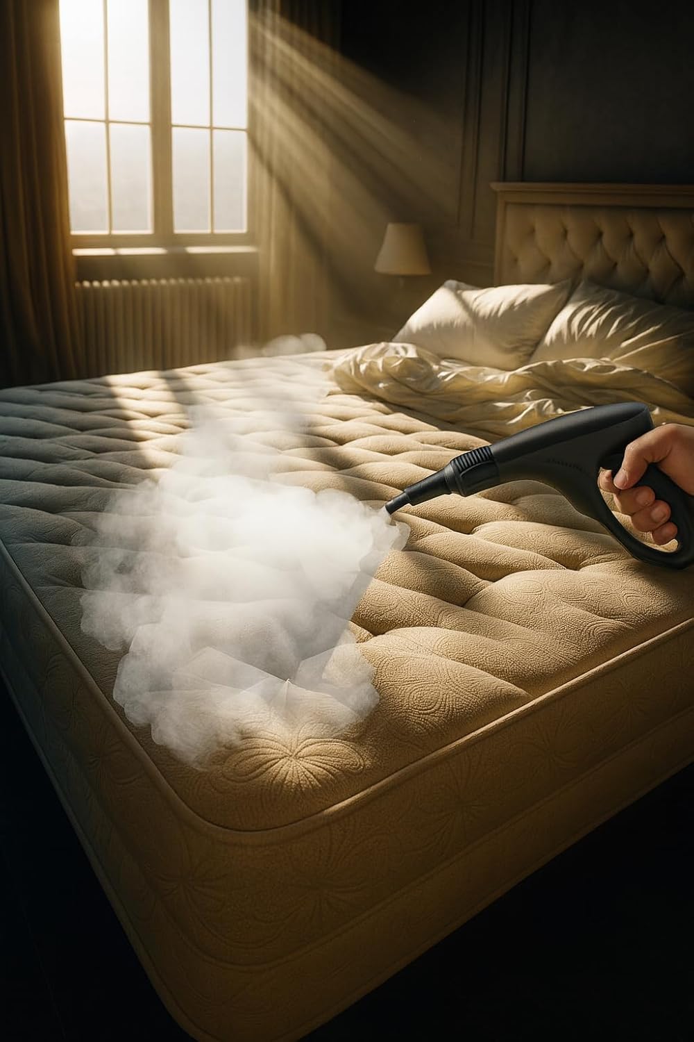 Steam cleaner being used to sanitize a mattress