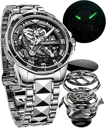 OUPINKE Automatic Watch for Men Starry Sky Luxury Mechanical Waterproof Date Luminous Sapphire Tungsten Steel Wrist Watch, Silver Strap - Silver Dial, Mechanical Automatic Watch