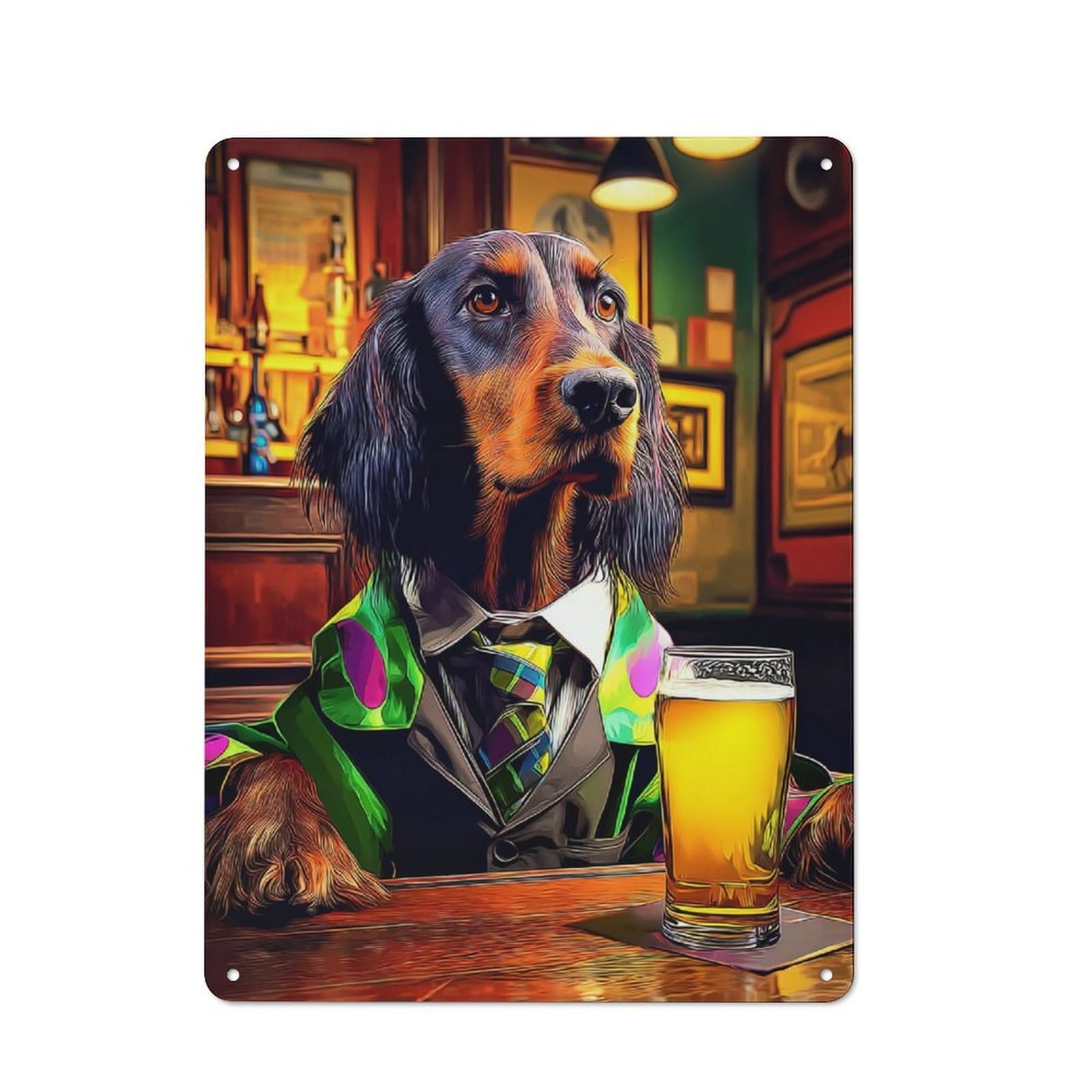 Junmoney Dog In Suit Enjoying Beer At Bar -2 Country Vintage Metal Wall Decor 40X30cm, Decorative Tin Sign For Cottage, Kitchen, Hallway Or Breakfast Nook