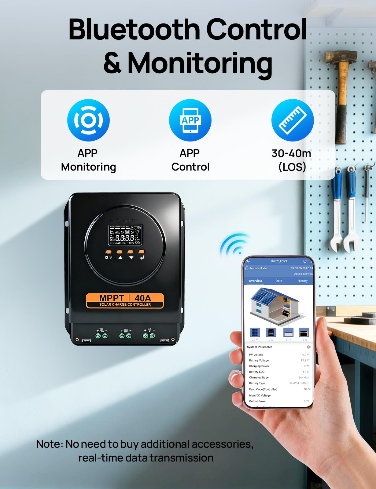 ECO-WORTHY Regolatore di carica MPPT da 40 A, 12 V/24 V, regolatore di carica solare con display LCD, monitor app Bluetooth, efficienza di ricarica del 99% per batteria al litio GEL SLA FLD in camper