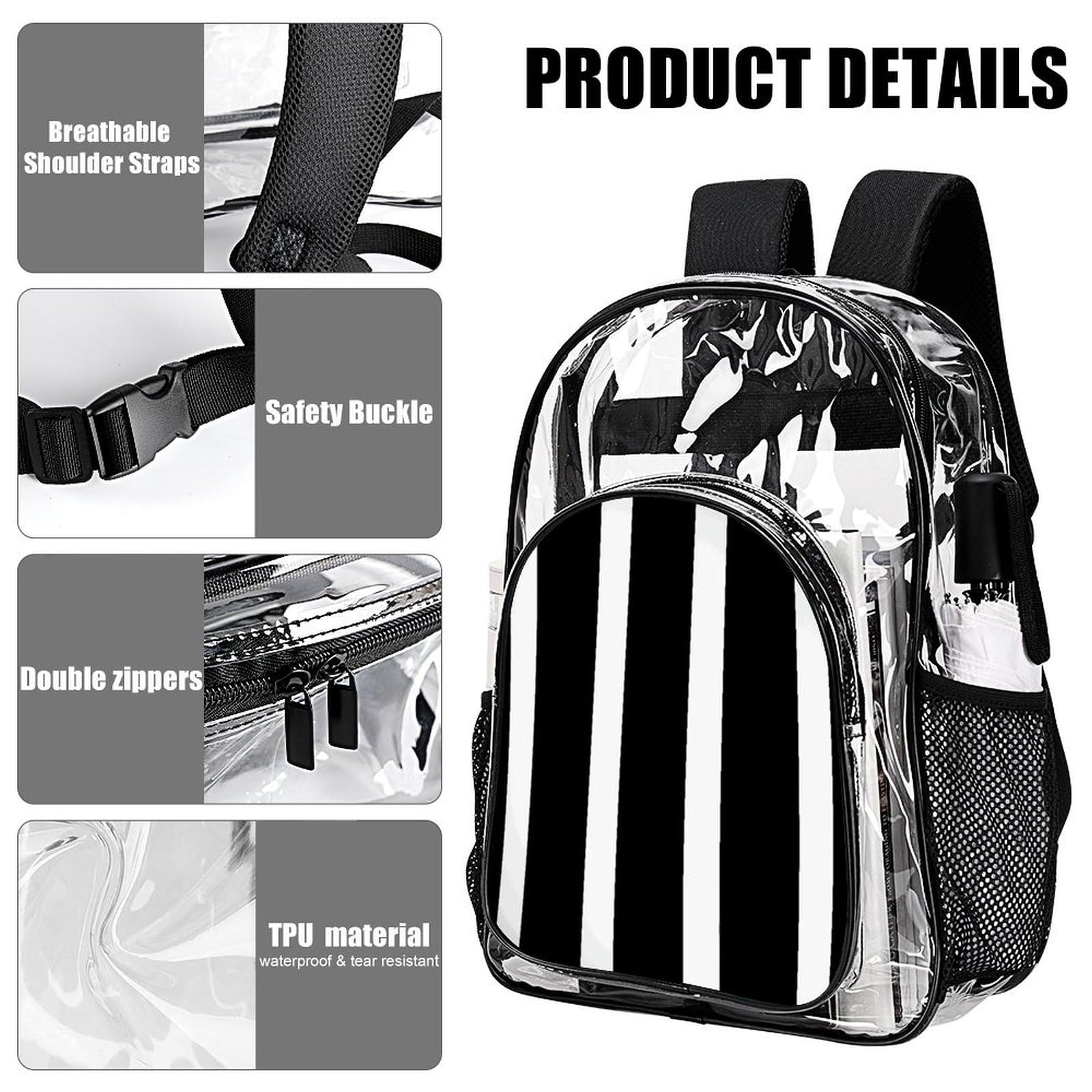 Rucksack, gestreift, transparent, PVC, für Sicherheit, Arbeit, Reisen, Stadion, Schwarz / Weiß