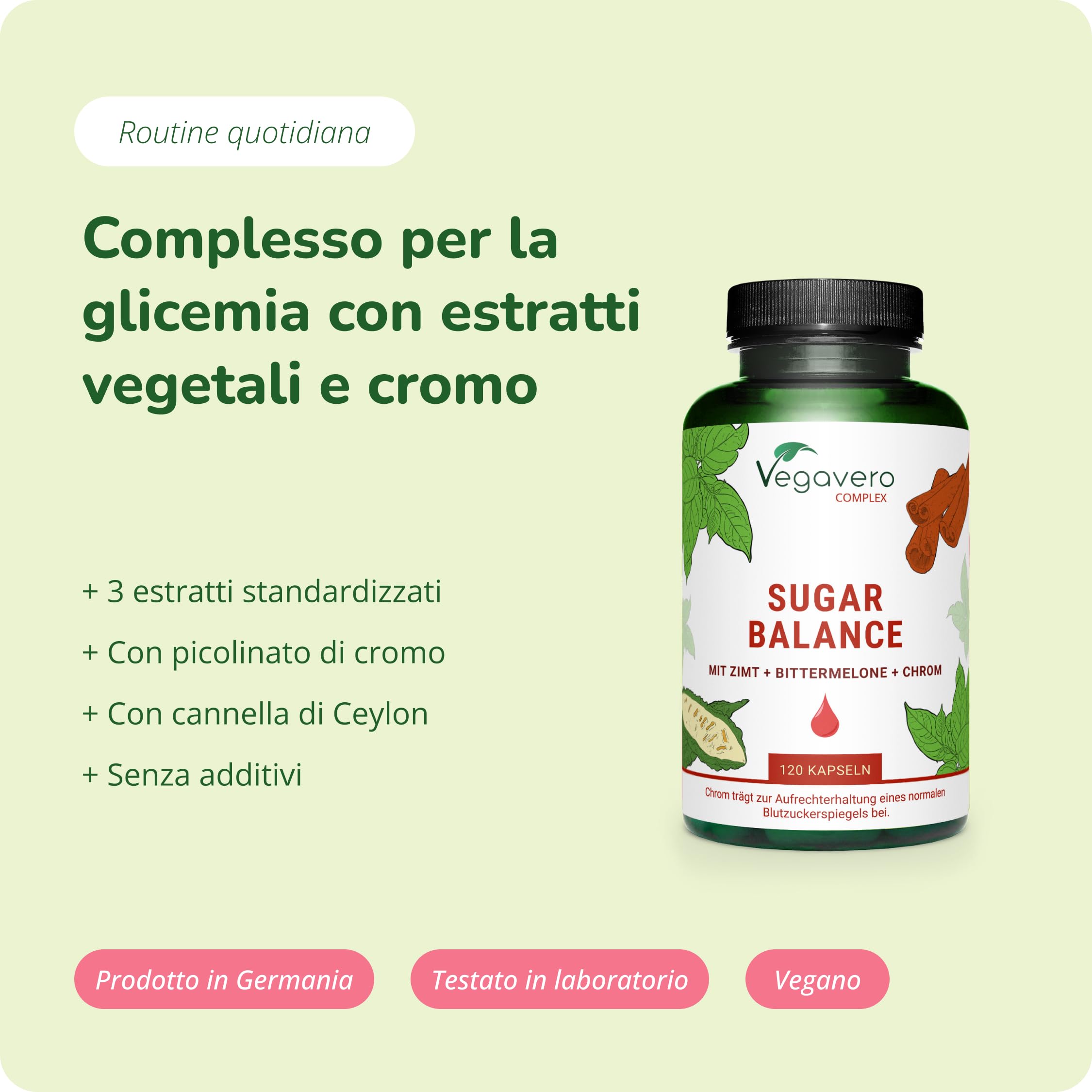 Integratore GLICEMIA Vegavero | 120 capsule | con Cromo, Gymnema Sylvestre, Cannella Ceylon e Momordica Charantia | Cromo Picolinato | Senza Additivi | Vegan
