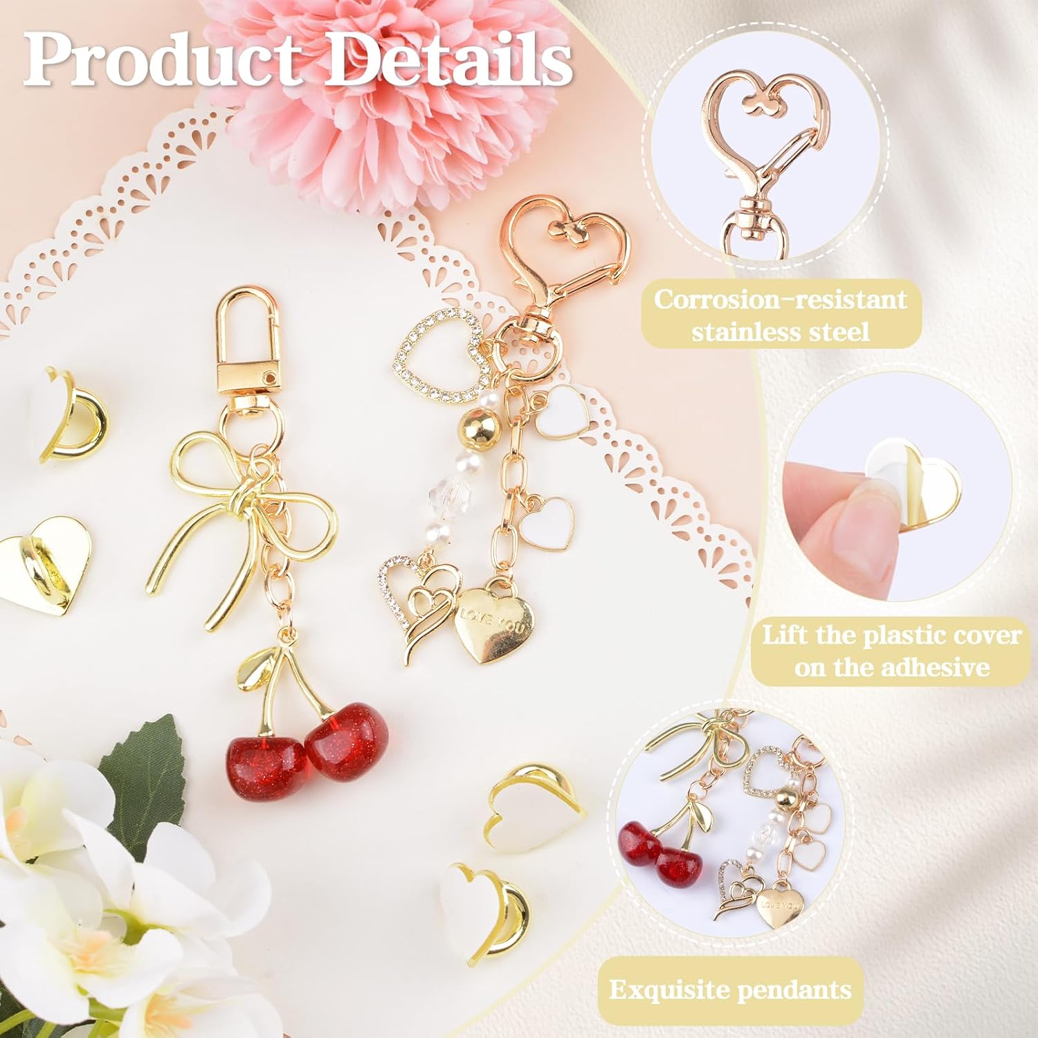 Charm Chains for E-Reader, 2pcs Gold Heart and Cherry Phone Charms Bracelets Accessories for Tablet Phone Decor Readers Book Lovers