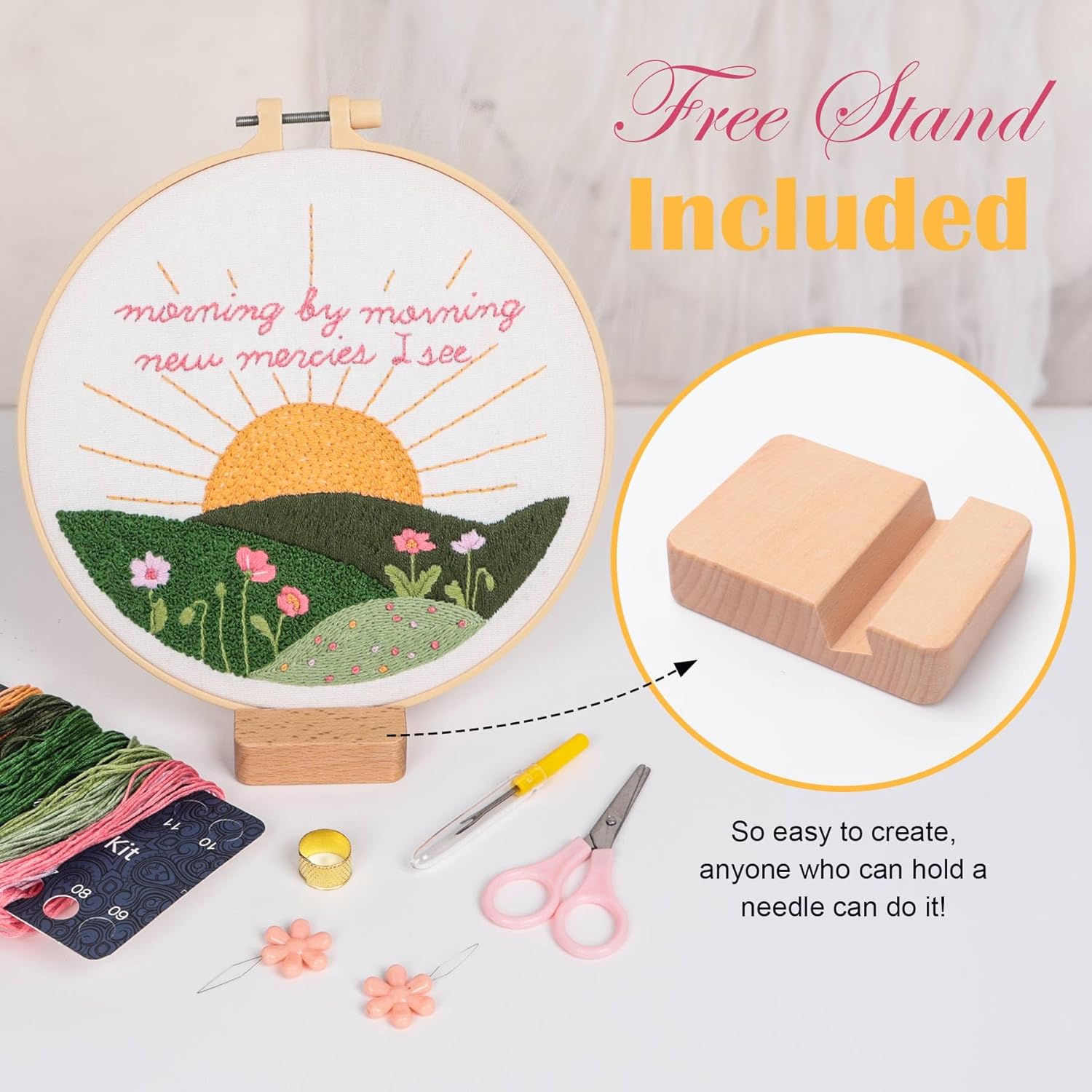 BREENHILL Christian Embroidery Kit for Beginners, Easy Embroidery Kit for Beginners and Adults, Full Embroidery Hoop Kit with Needles and Thread Included (New Morning Mercies)