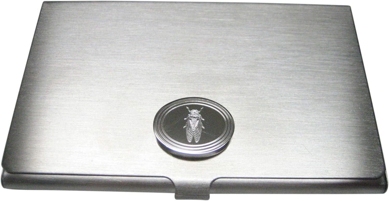 Kiola Designs Silver Toned Etched Oval Cicada Bug Business Card Holder