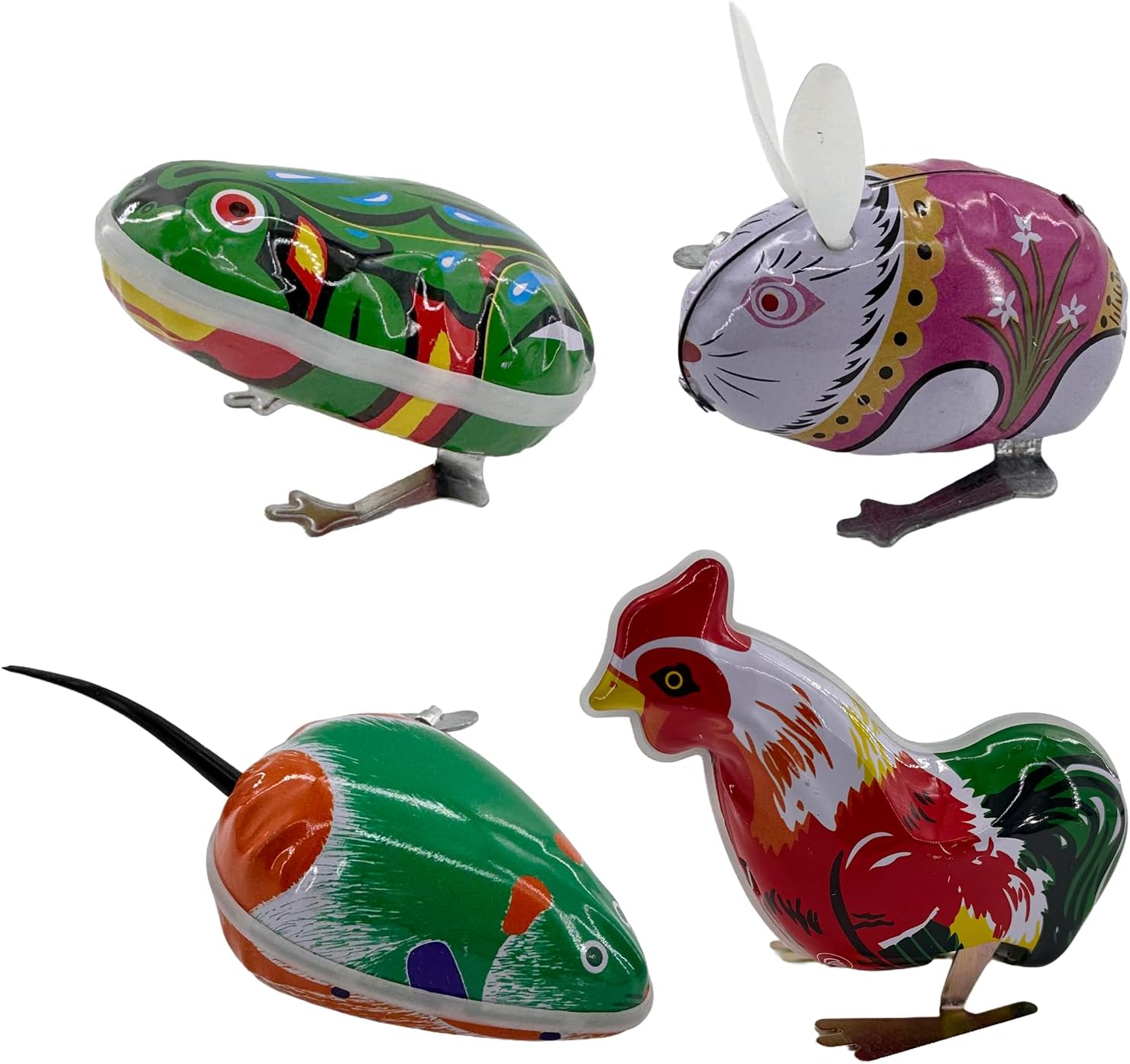 4 Pcs Clockwork Spring Wind Up Metal Jumping Frog Cock Rabbit Mouse Retro Vintage Wind-up Animal Party Favors Desktop Decor