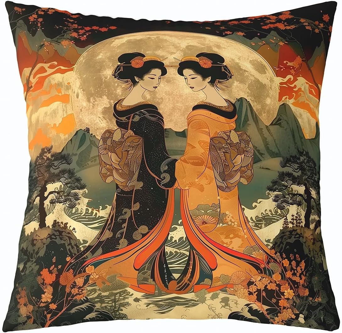 Erosebridal Geisha Decorative Pillowcase 24x24 Inch Japanese Style Throw Pillow Cover for Kids Girls Women Kimono Ukiyo-E Floral Blue Orange Cushion Case Soft Cushion Cover