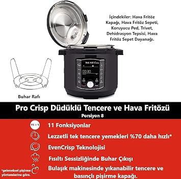 Instant Pot Pro Crisp ve AirFryer, 11'i 1 Arada Elektrikli Çok Amaçlı Pişirici - Sıcak Hava Fritözü, Siyah Paslanmaz Çelik, 1500 W, 7,6 L
