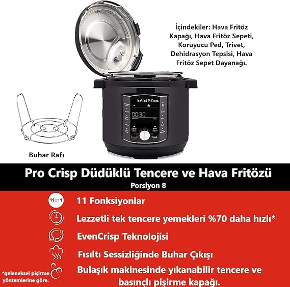 Instant Pot Pro Crisp ve AirFryer, 11'i 1 Arada Elektrikli Çok Amaçlı Pişirici - Sıcak Hava Fritözü, Siyah Paslanmaz Çelik, 1500 W, 7,6 L