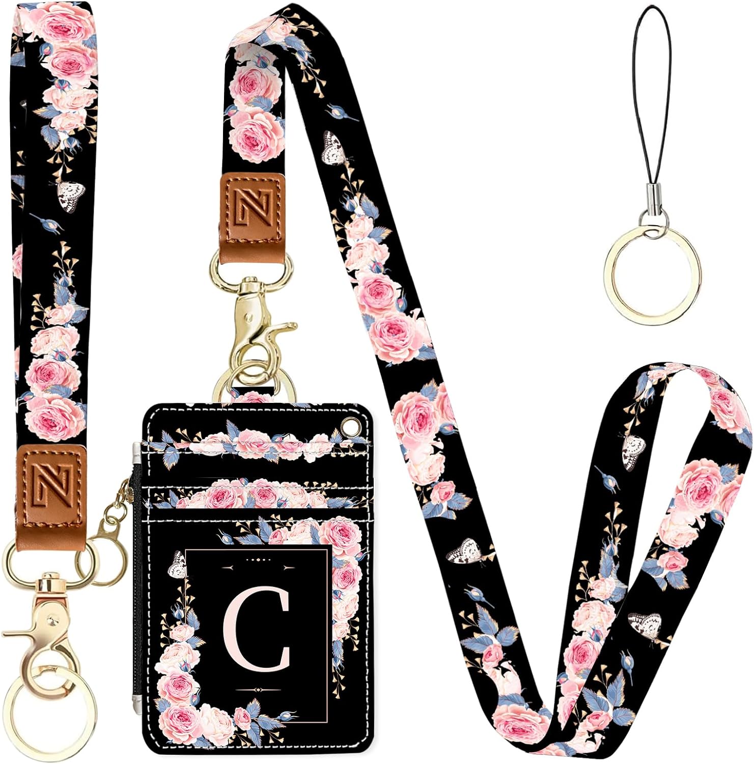 A-Z Letter 2-in-1 ID Badge Holder & Lanyard Wallet for Teachers,Nurse,Professionals-Cute Zippered Coin Pouch,Removable Wristlet & Neck Lanyard,5 Card Slots Stylish Work Essential C