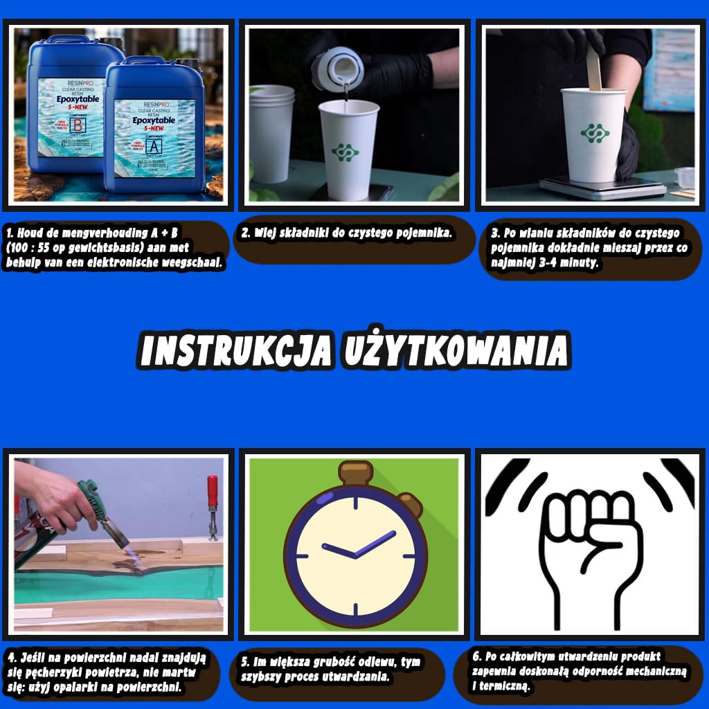 ŻYWICA EPOKSYDOWA EPOXYTABLE5 Idealna do tworzenia stolików rzecznych, mebli, odlewów bezbarwnych, blatów 5cm, biżuterii i kreacji artystycznych, certyfikat nietoksyczny - 9Kg
