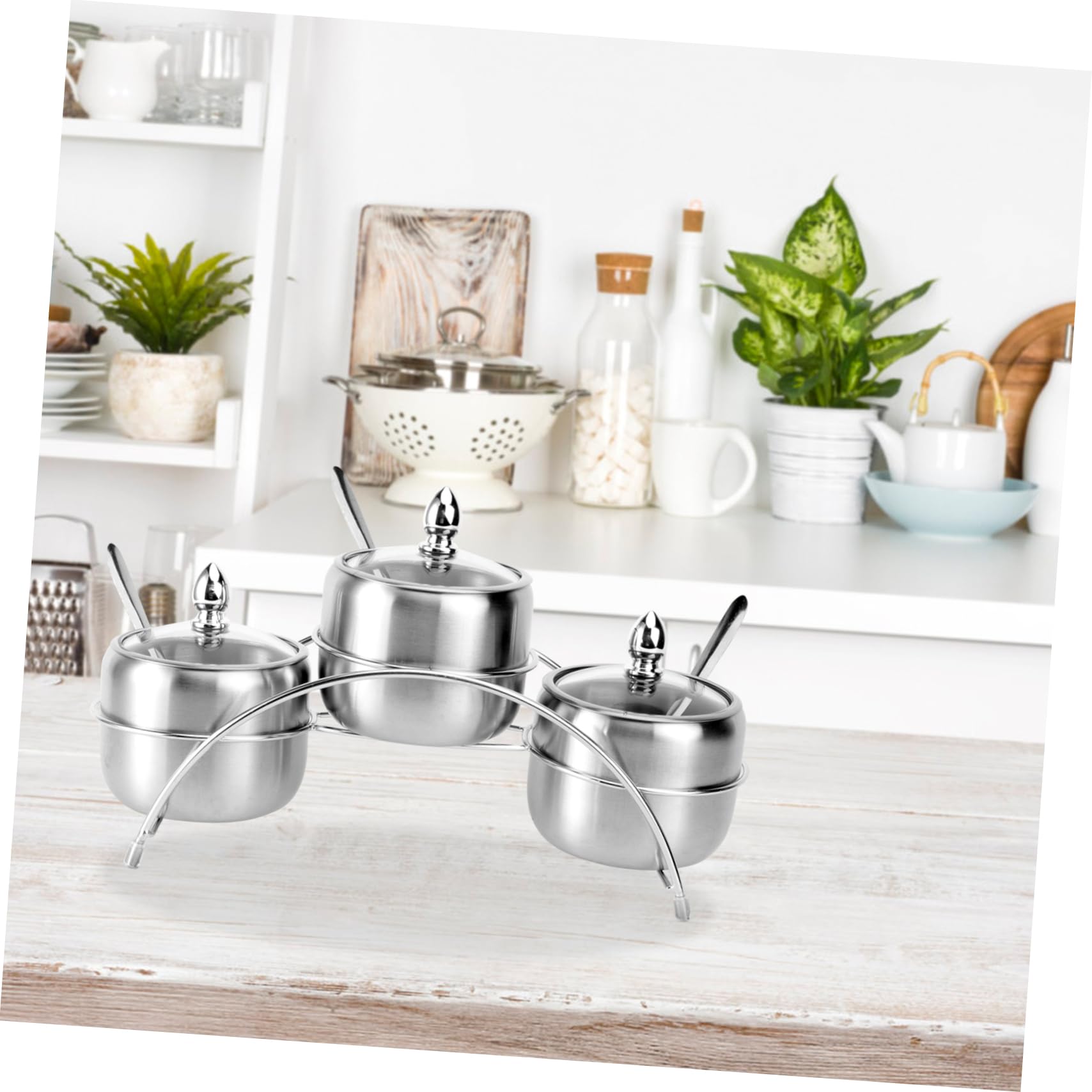 Cabilock Support à Épices en Acier Inoxydable Argenté 1 Set 4 Compartiments Pratique Cuisine et Rangement des Condiments Style Européen