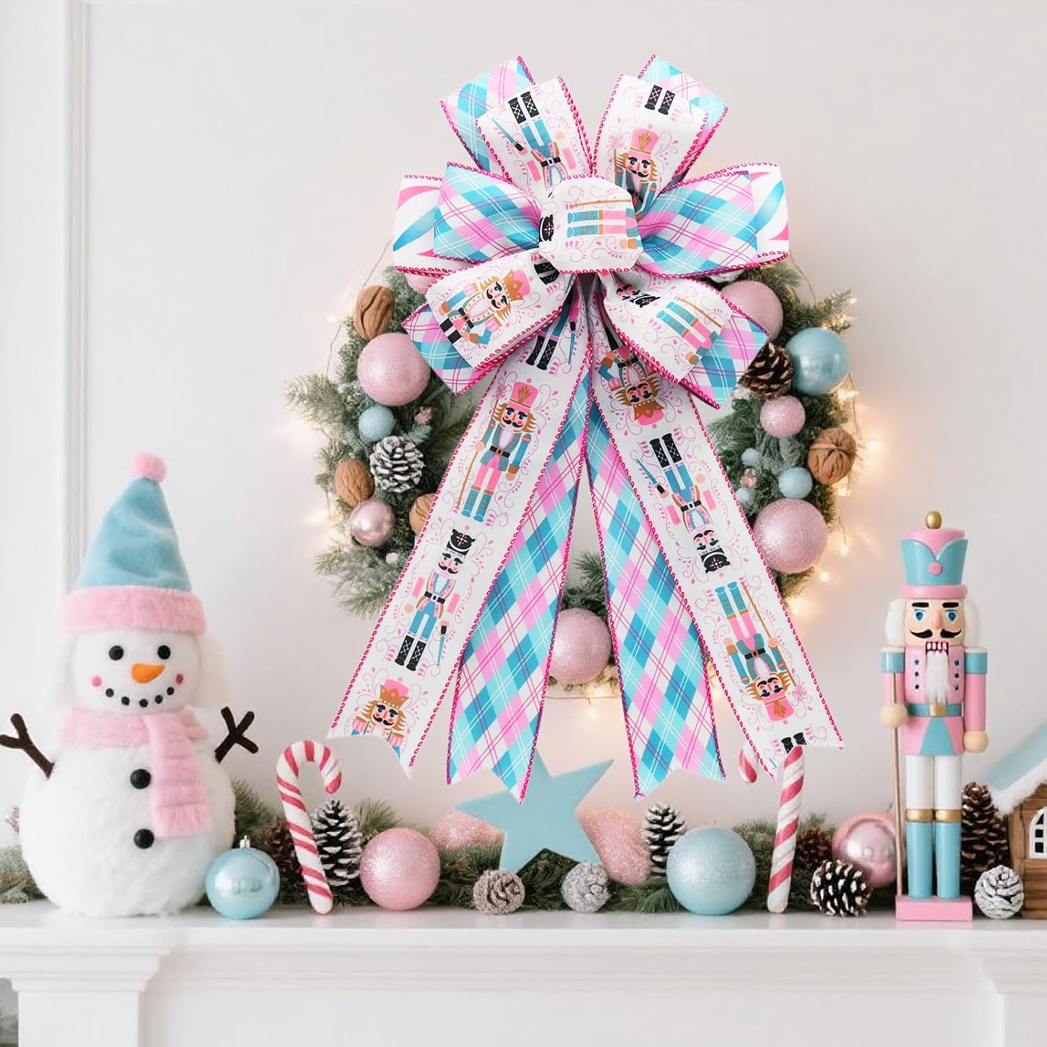 Pastel Christmas Nutcracker Wired Ribbon for Wreath Bows, 3 Rolls, 2.5″ Wide, 15 Yards Total, Pastel Pink & Blue Check Wired Edge Ribbon for Crafts Supplies, DIY Bows image 2