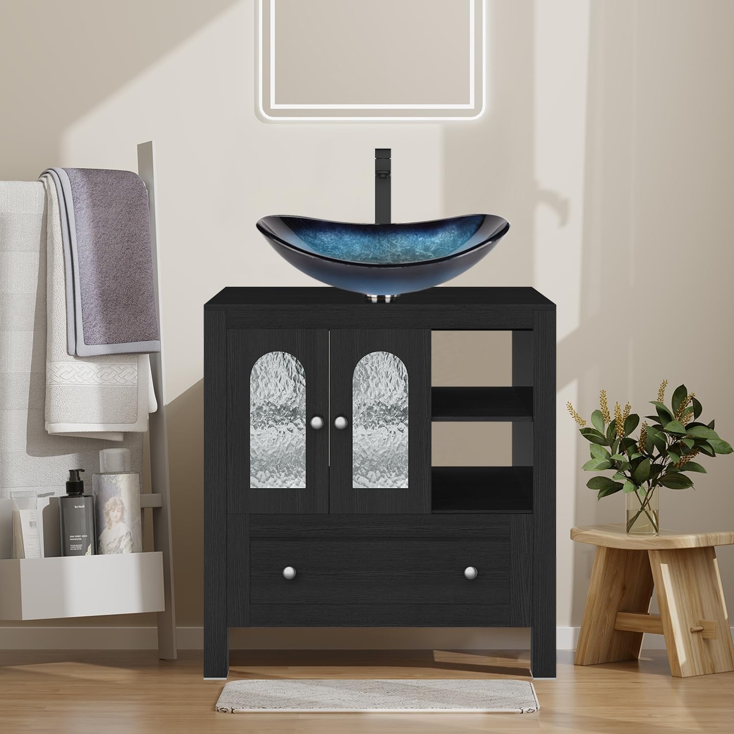 30-Inch Black Bathroom Vanity with Water Ripple Design Door, Modern Stylish Cabinet with Blue Boat Glass Sink Top