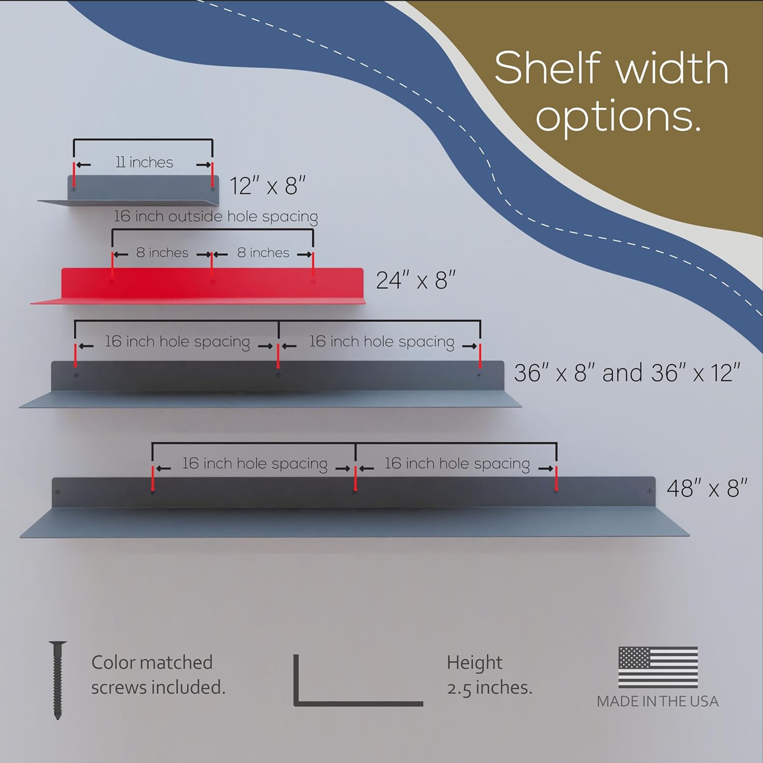 24x8 in Metal Floating Shelf Red Wall Mounted - Made in The USA - Bedroom, Living Room, Bathroom, Kitchen