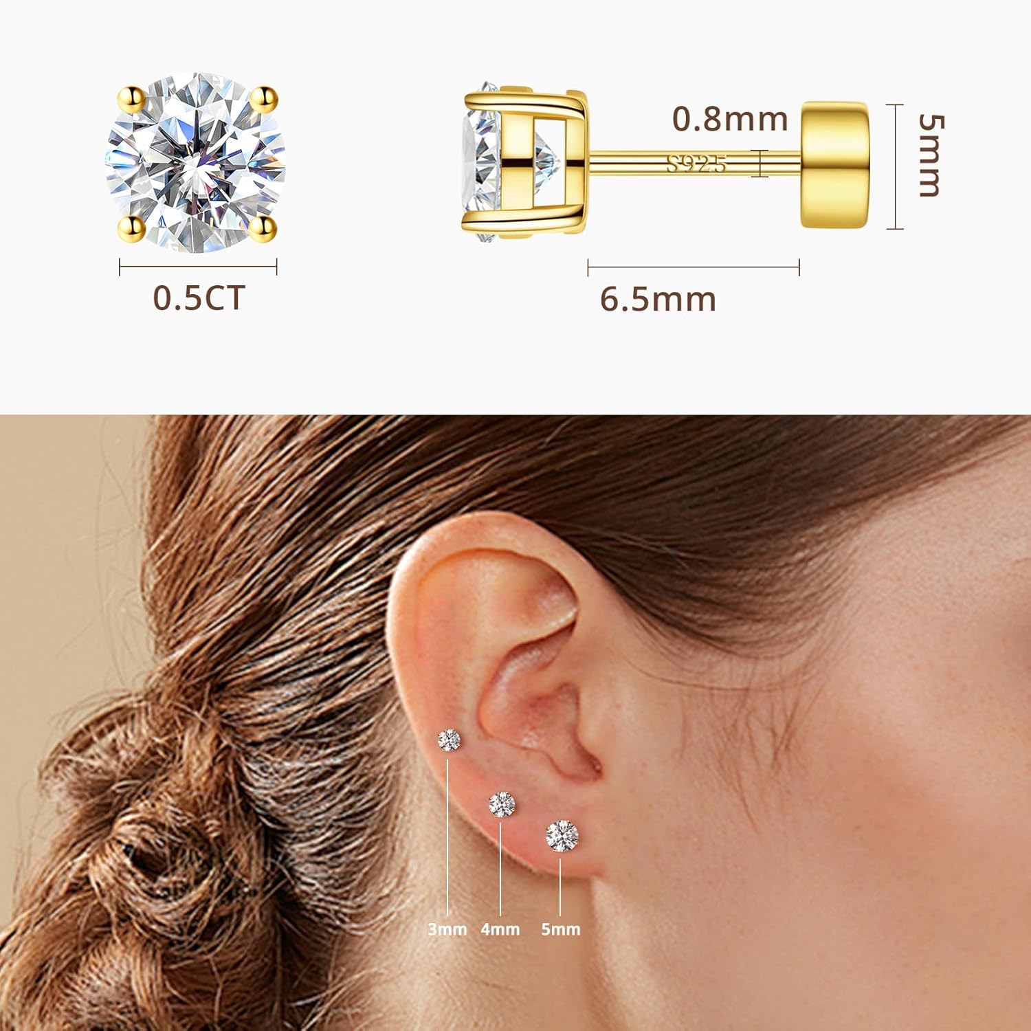 Moissanite Stud Earrings for Women, Hypoallergenic White Gold/14K Gold Plated 925 Sterling Silver Flat Back Studs D Color VVS1 Round Cut Cartilage Helix Piercing Anniversary Jewelry Gifts - Image 2