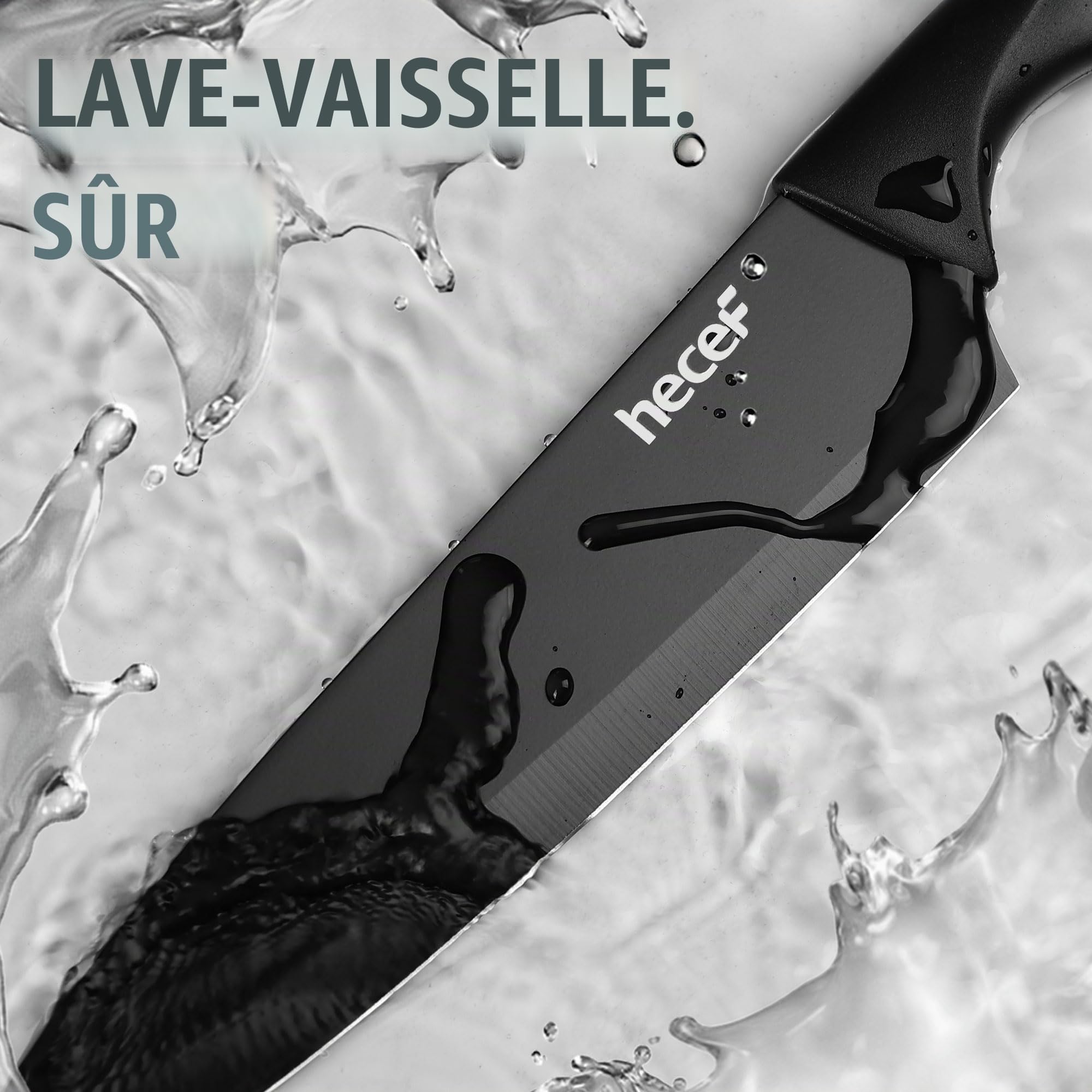 hecef Set de Couteaux de Cuisine 14 Pièces, Bloc Aiguiseur Intégré, Noir | Acier inoxydable, revêtement antiadhésif, manches ergonomiques, gain de place, idéal pour équiper une première cuisine