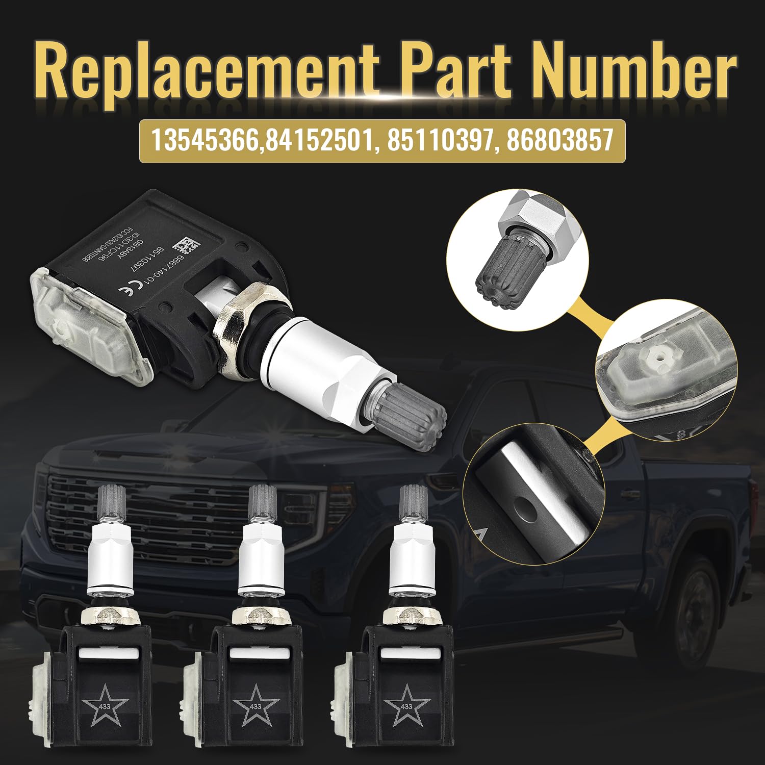 86803857 Set of 4 TPMS Trailer Sensors Compatible with Chevy Silverado 1500/2500HD/3500HD/Tahoe 2020-2025， Fit for GMC Sierra 1500/2500 HD/Sierrs 3500 HD/Yukon 2021-25 Tire Pressure Sensors