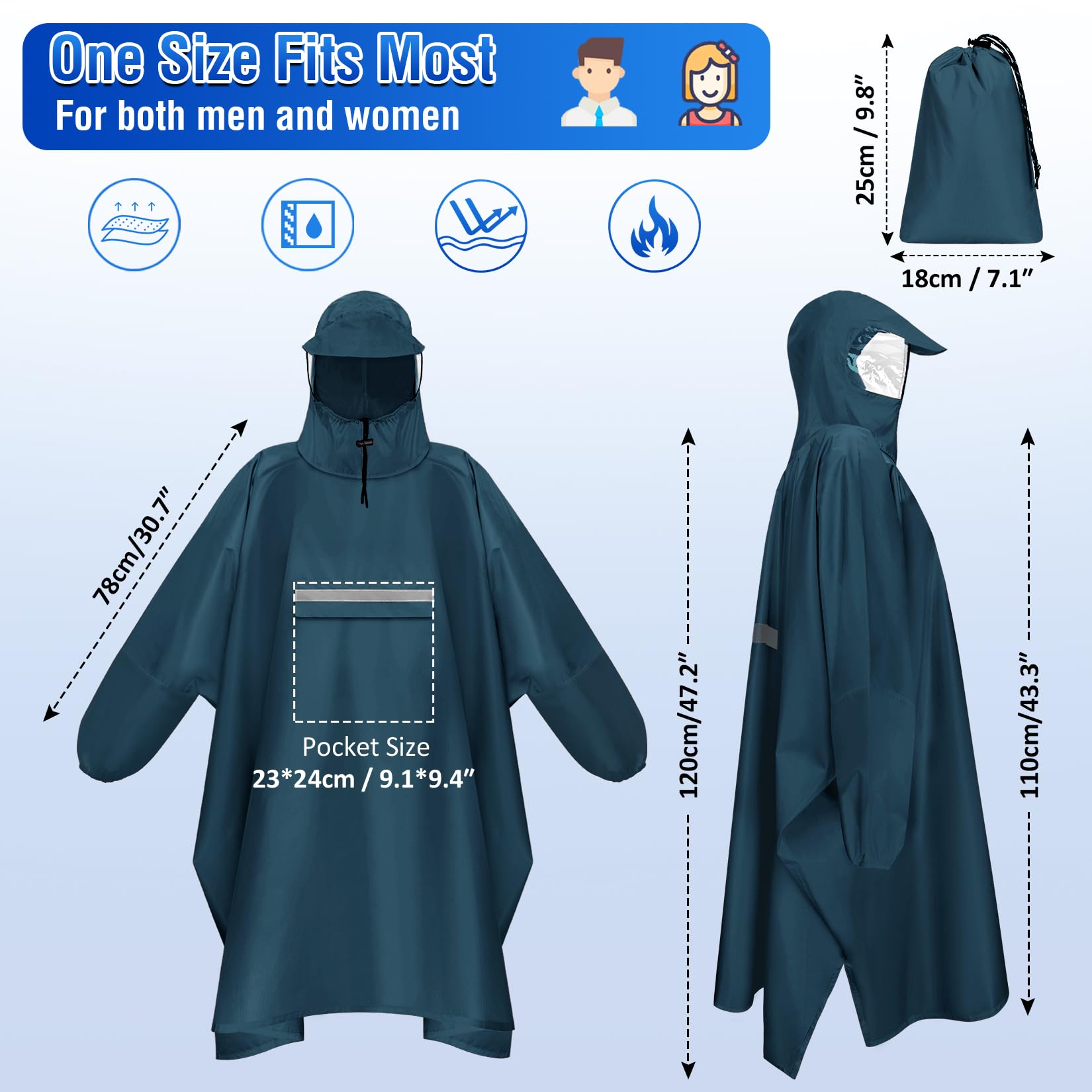 Regenponcho Herren Damen Wasserdichter Regenponcho für Fahrrad Wiederverwendbar Regen Poncho mit Reflektierenden Streifen Leichtes Atmungsaktives Regencape für Radfahren, Wandern, Angeln