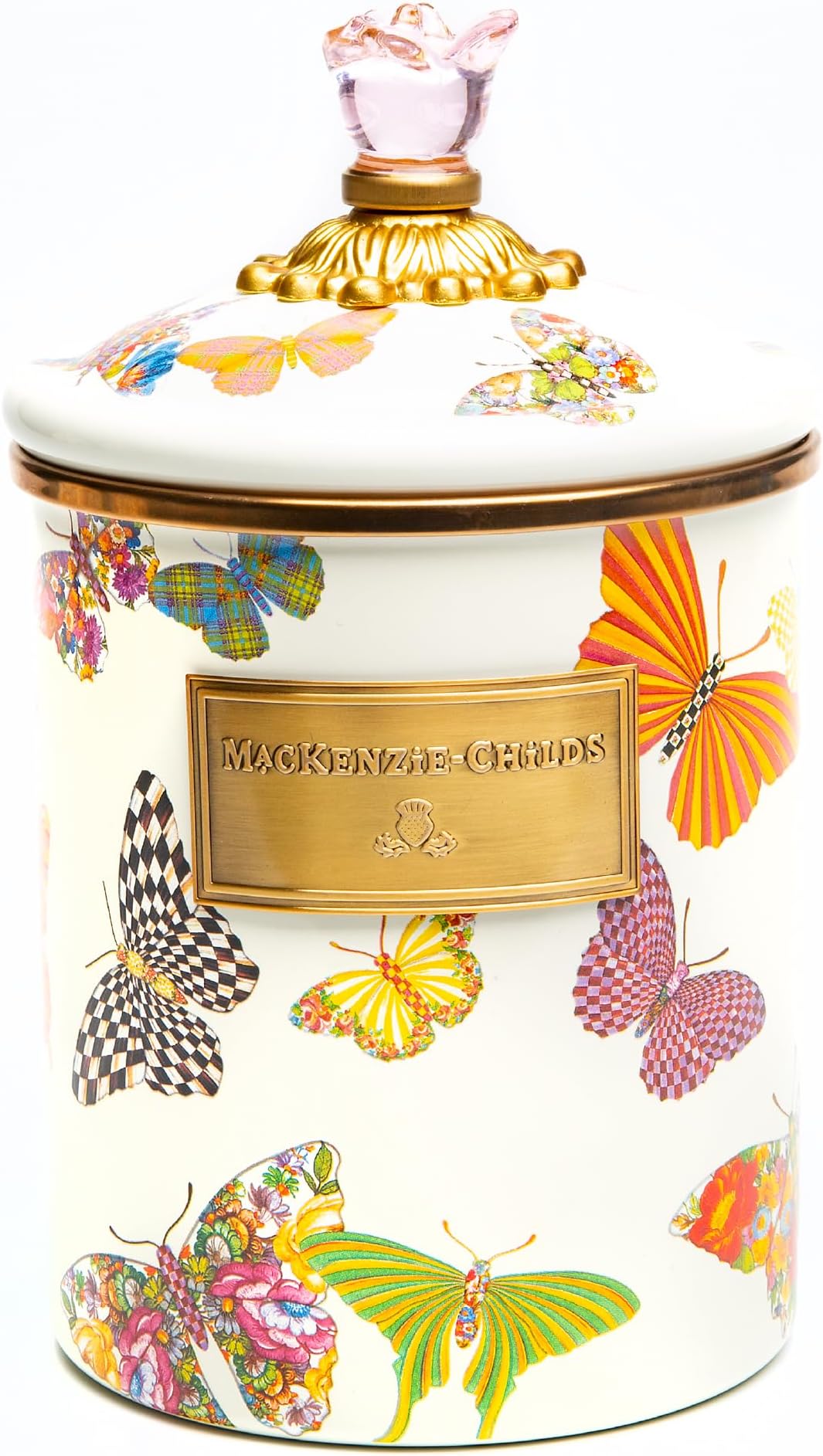 Butterfly Garden Enamel Canister, Pretty Kitchen Storage Container with Lid, Medium