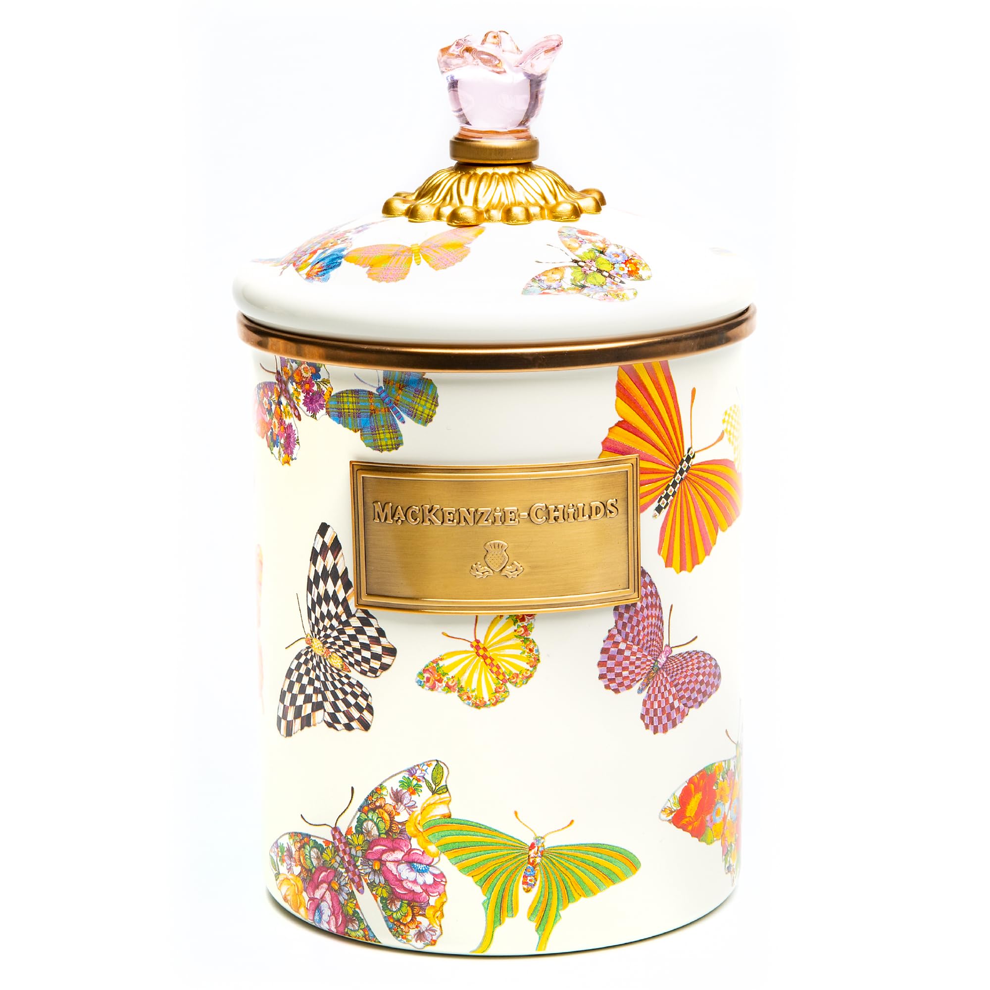 MACKENZIE-CHILDS Butterfly Garden Enamel Canister, Pretty Kitchen Storage Container with Lid, Medium
