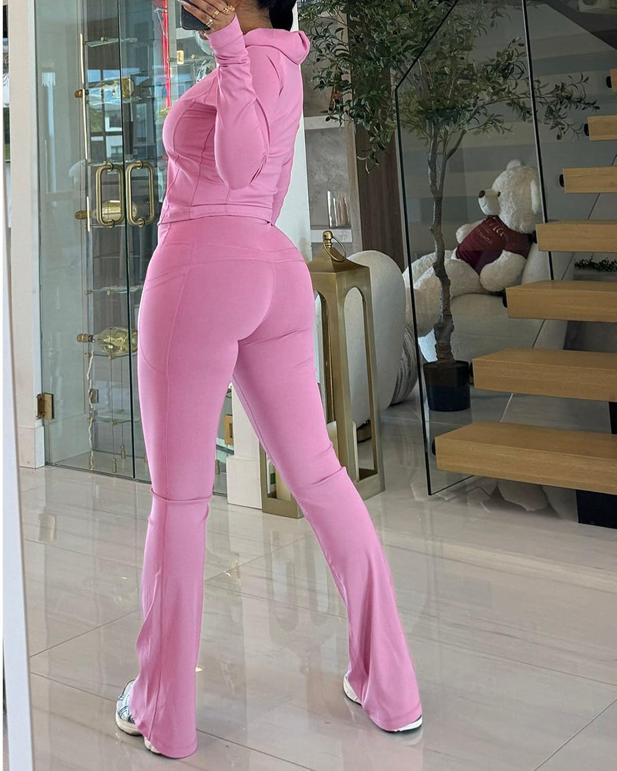 Women 2 Piece Workout Sets Long Sleeve Jacket Flare Long Yoga Pants Workout Sets Tracksuit With Pockets - Image 2