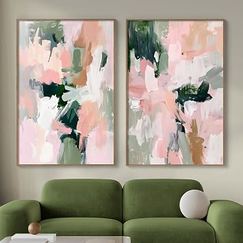 Abstract Pink Green Canvas Wall Art Colorful Abstract Pictures Pastel Pink Poster Aesthetic Watercolor Art Blush Pink Canvas Art Preppy Abstract Paintings for Living Room Girls Room 16x24inch No Frame