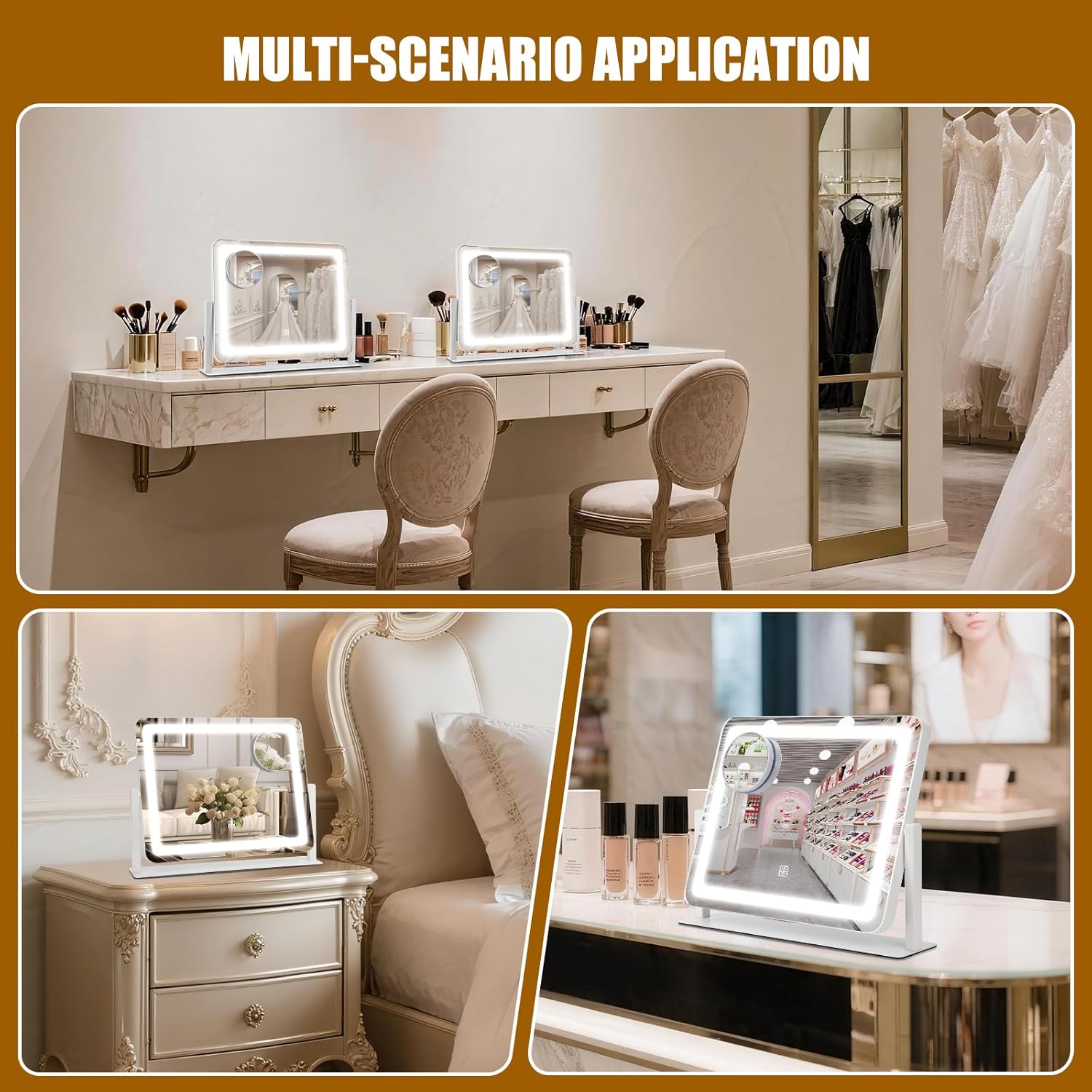 Vanity Mirror with Lights, 16"×12.4" LED Makeup Mirror, Rounded Frame, 10X Magnification, Smart Touch with 3-Color Lighting, Dimmable, 360° Rotation, Lighted Up for Makeup Desk, Bedroom (White)
